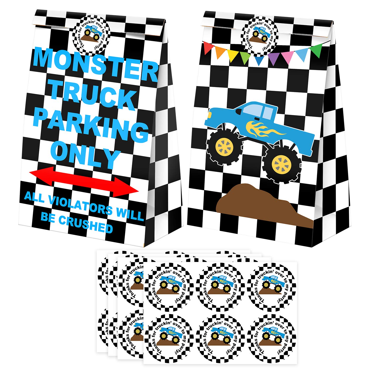 24 Pack Monster Truck Party Favor Bags with Stickers - Bulk Goodie Gift Treat Bags for Kids Birthday Party Supplies - Perfect for Monster Truck Themed Birthday, School Events & Carnival Prizes