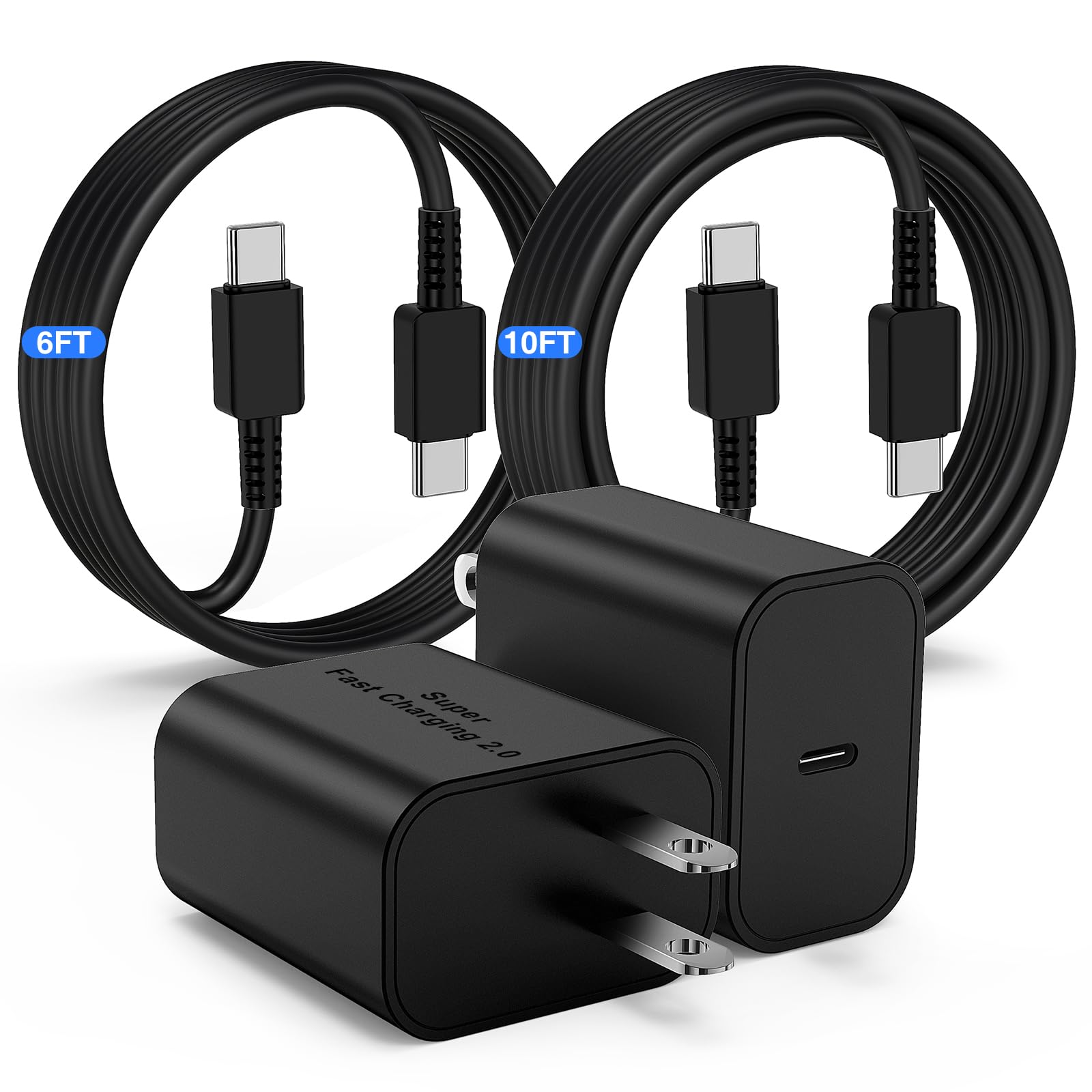 45W USB-C Fast Charger Block & 6+10FT USB-C to USB-C Cable 2-Pack - Compatible with Samsung Galaxy S24 Ultra/S24+/S23/S22/S21 Ultra/Plus, iPad Pro/Air/Mini, Android Phones - Perfect for Home, Office & Travel Charging