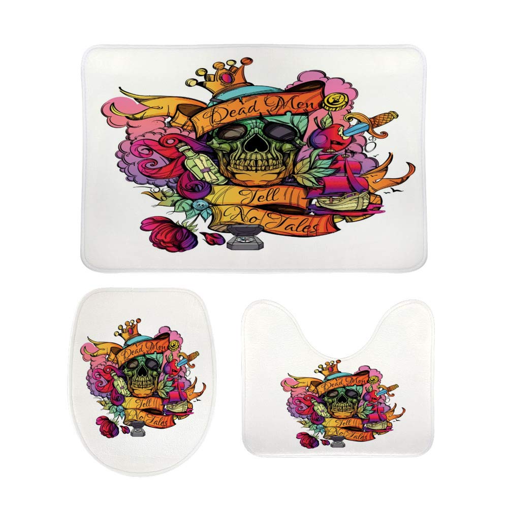 Non-Slip 3-Piece Bathroom Rug Set - Soft Coral Fleece Toilet Mat, Contour Lid Cover & Skull Design Bath Mat for Shower & Bathroom Decor