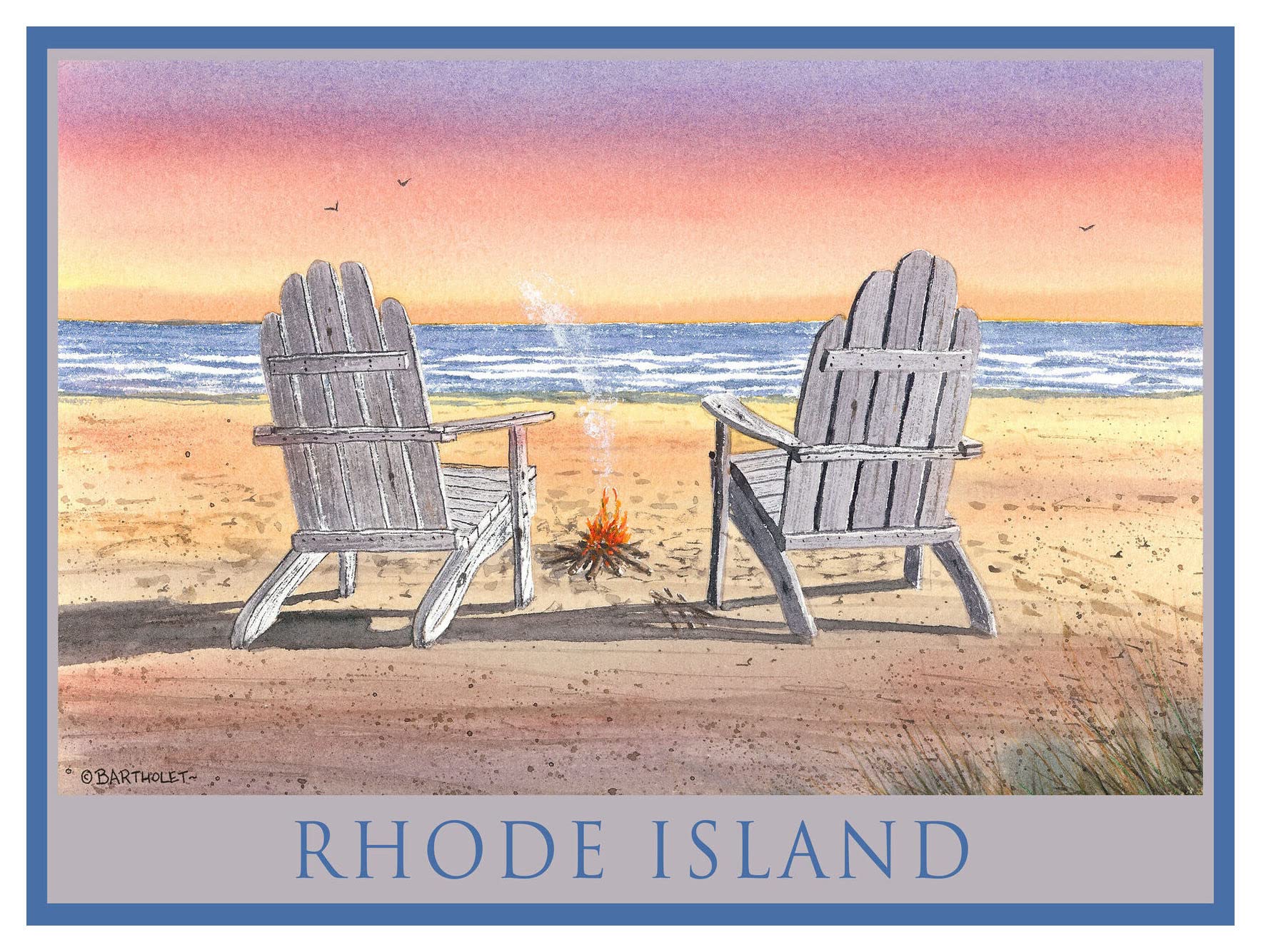 Dave Bartholet Watercolor Adirondack Chairs on Beach Art Print - 9x12 Inch Giclee Poster - Coastal Home Decor, Wall Art for Living Room & Bedroom