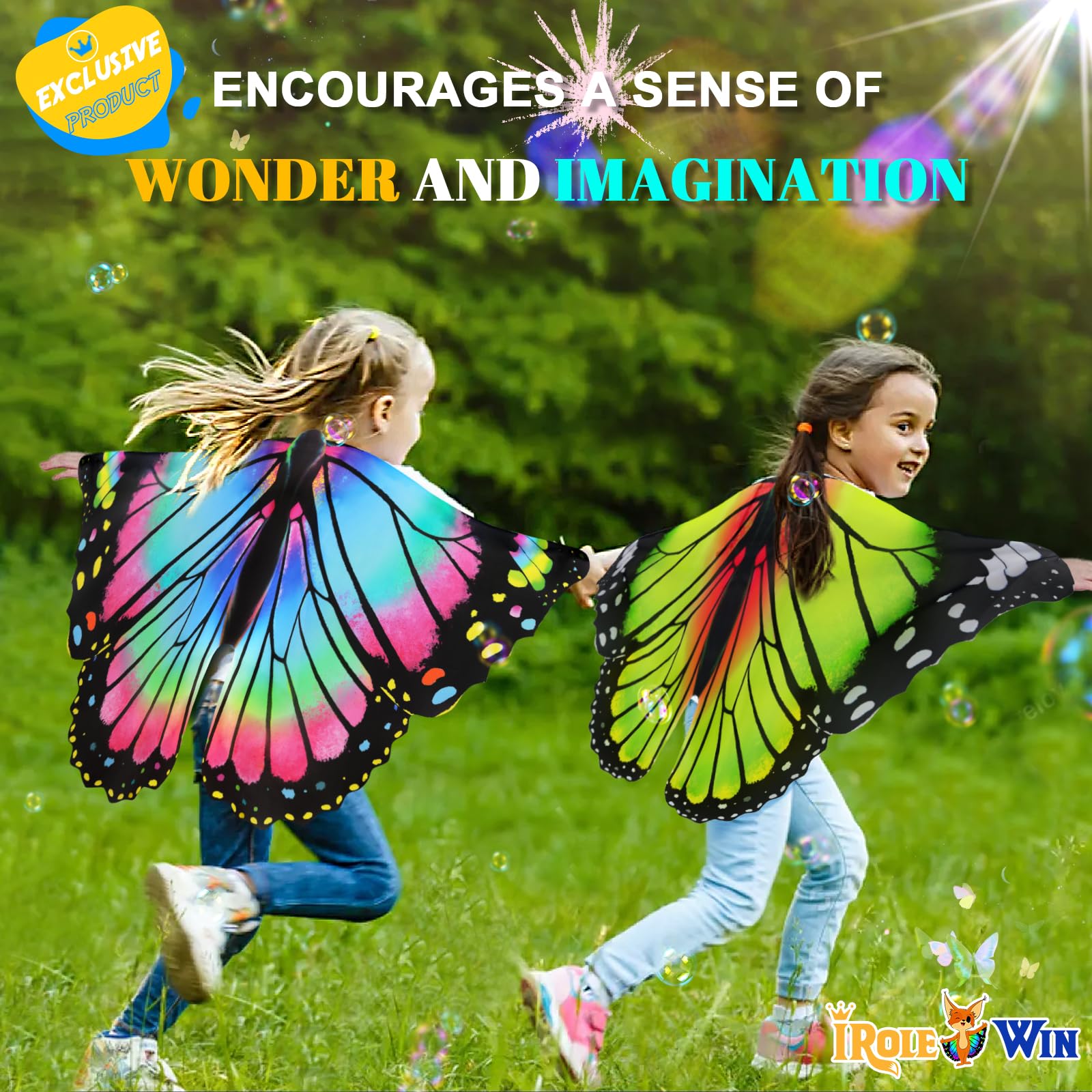 iROLEWIN Butterfly Wings Costume for Kids - Toddler Dress Up Wings for Girls & Boys, Play Pretend Bug Costume Accessories - Perfect for Halloween, Birthday Parties & Dress Up Play