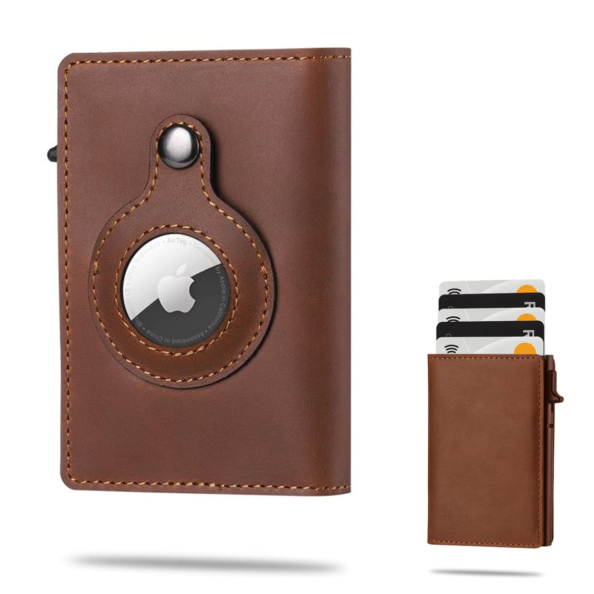 Genuine Leather RFID Blocking Wallet with AirTag Slot - Slim Minimalist Card Holder for Business & Travel - Anti-Theft Automatic Pop-Up Aluminum Bifold Wallet (Khaki) | Perfect for Everyday Carry, Office Use & Secure Travel Accessories