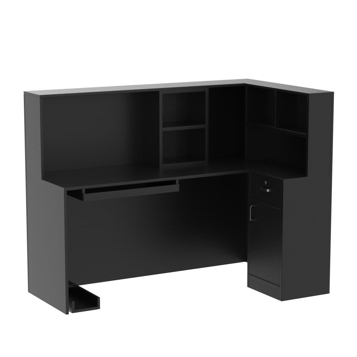 Homsee L-Shaped Reception Desk with Storage Cabinet & Hutch - Black Office Desk with Lockable Drawer, Keyboard Tray & Counter | Perfect for Small Business, Home Office & Professional Workspaces