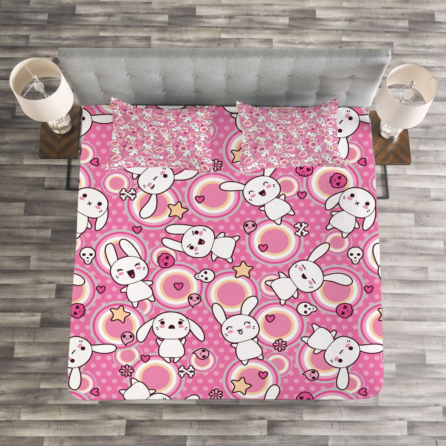 Ambesonne Anime Bedding Set - Kawaii Rabbit & Bunny Humor Print 3-Piece Comforter with 2 Pillow Shams, King Size White & Pink - Perfect for Anime Fans' Bedroom Decor & Kawaii Themed Rooms