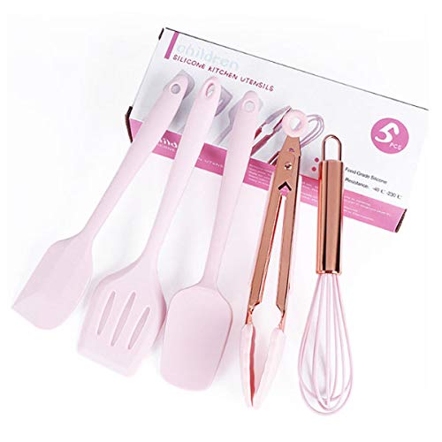Pink 5-Piece Kids Silicone Kitchen Tool Set - Mini Baking Utensils with Spatula, Egg Mixer & Clip - Safe Non-Toxic Cooking Tools for Toddlers - Perfect for Baking, Cake Decorating & Pretend Play Kitchen Fun
