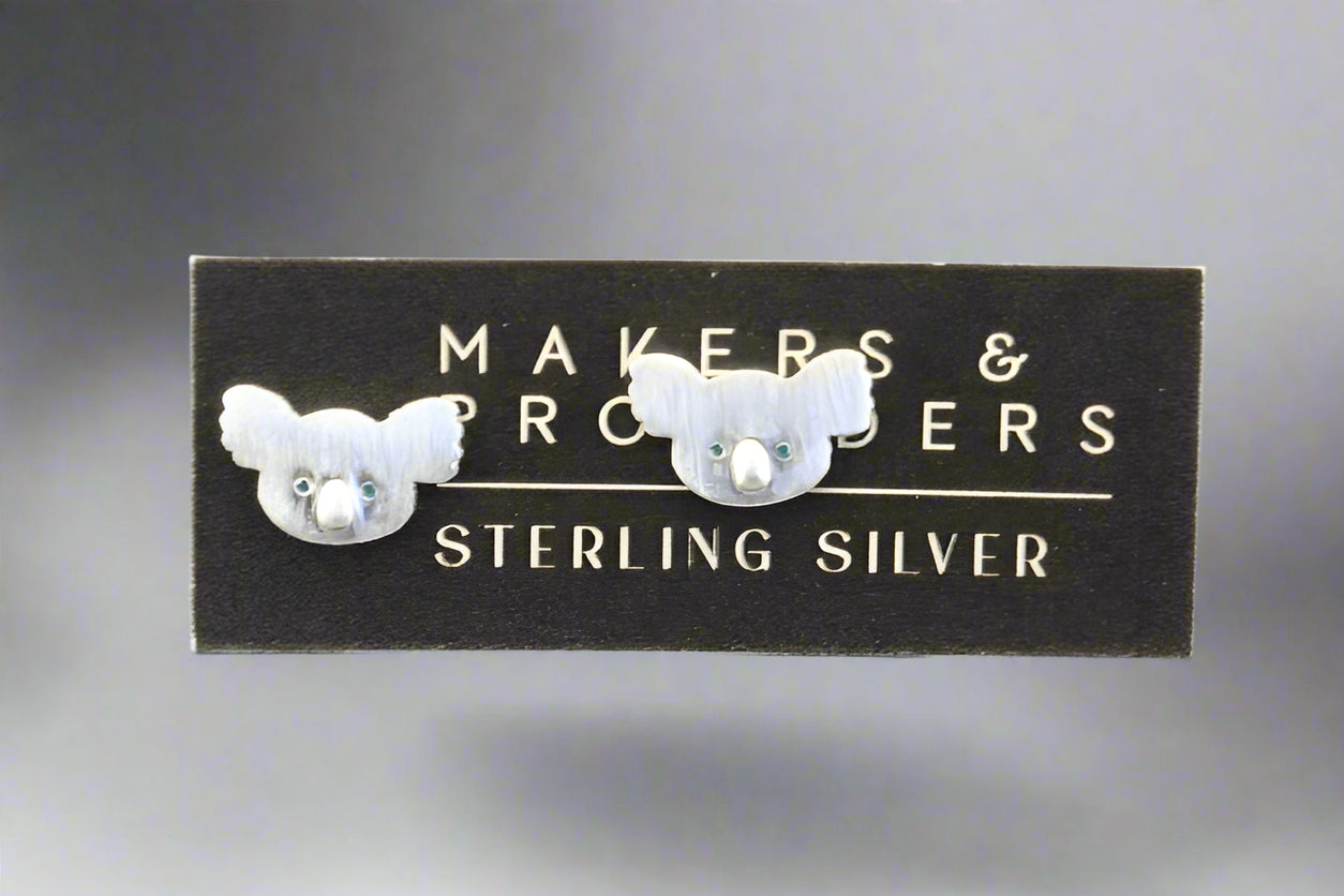 Koala Face Stud Earrings with Blue Eyes - Sterling Silver Jewelry for Women - Perfect for Casual Wear & Gifts