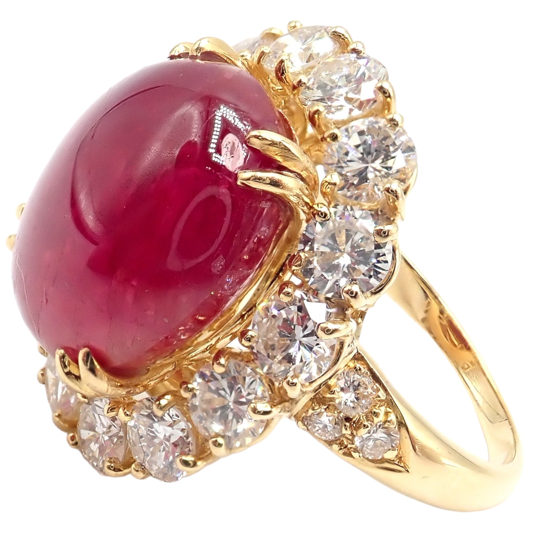 Authentic Van Cleef & Arpels 18k Yellow Gold Large Cabochon Ruby Diamond Ring for Women - Luxury Jewelry Gift for Anniversary, Engagement & Special Occasions