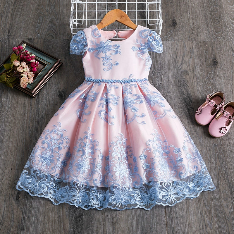 Blue Princess Boat Neck Tea-Length Satin Flower Girl Dress for Weddings, Birthday Parties & Special Occasions