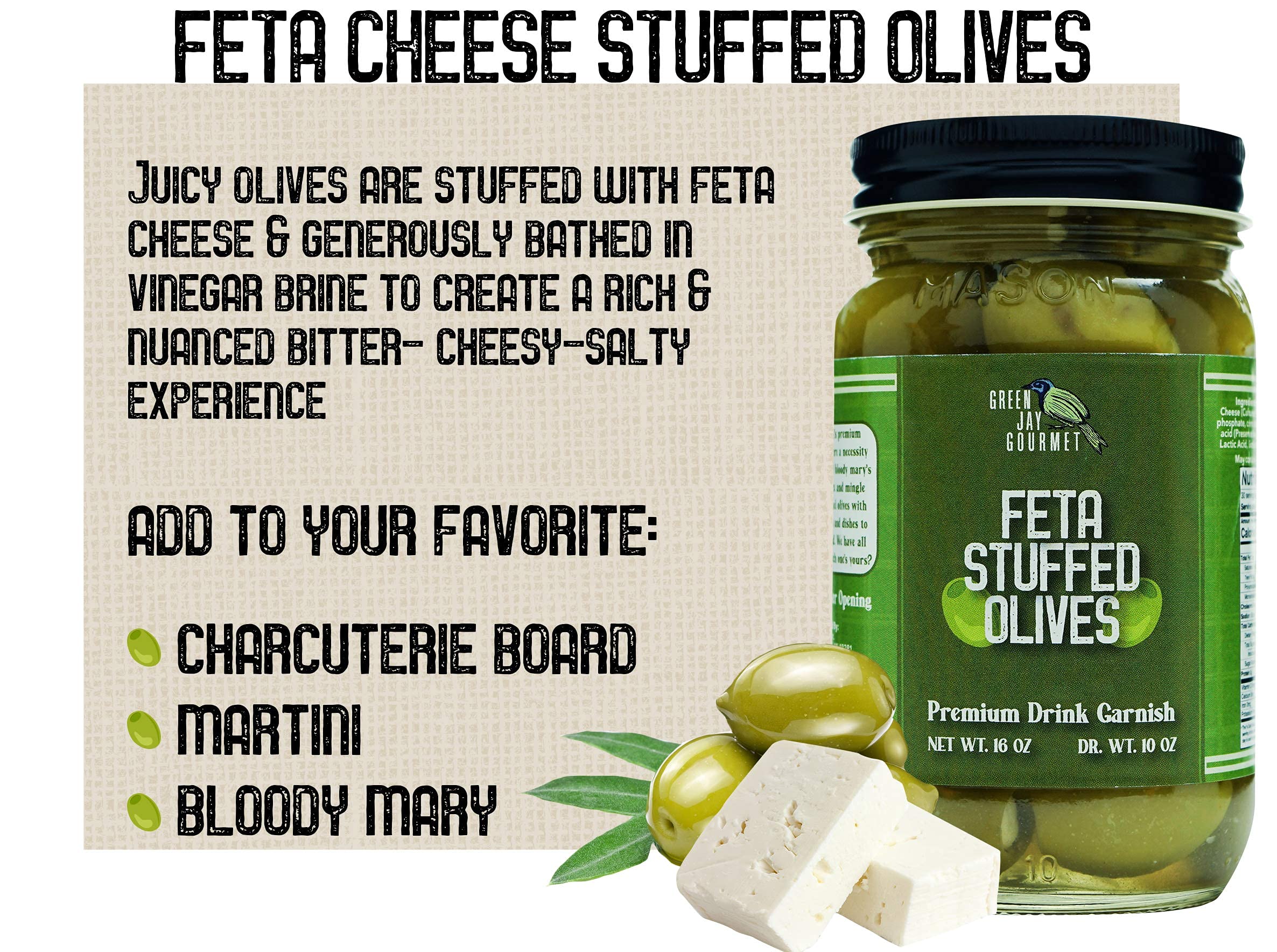 **Premium Feta Cheese Stuffed Green Olives – All Natural Gourmet Olives for Cocktails, Cheese Boards & Dirty Martinis – Large 16oz – Perfect for Parties, Charcuterie & Appetizers**