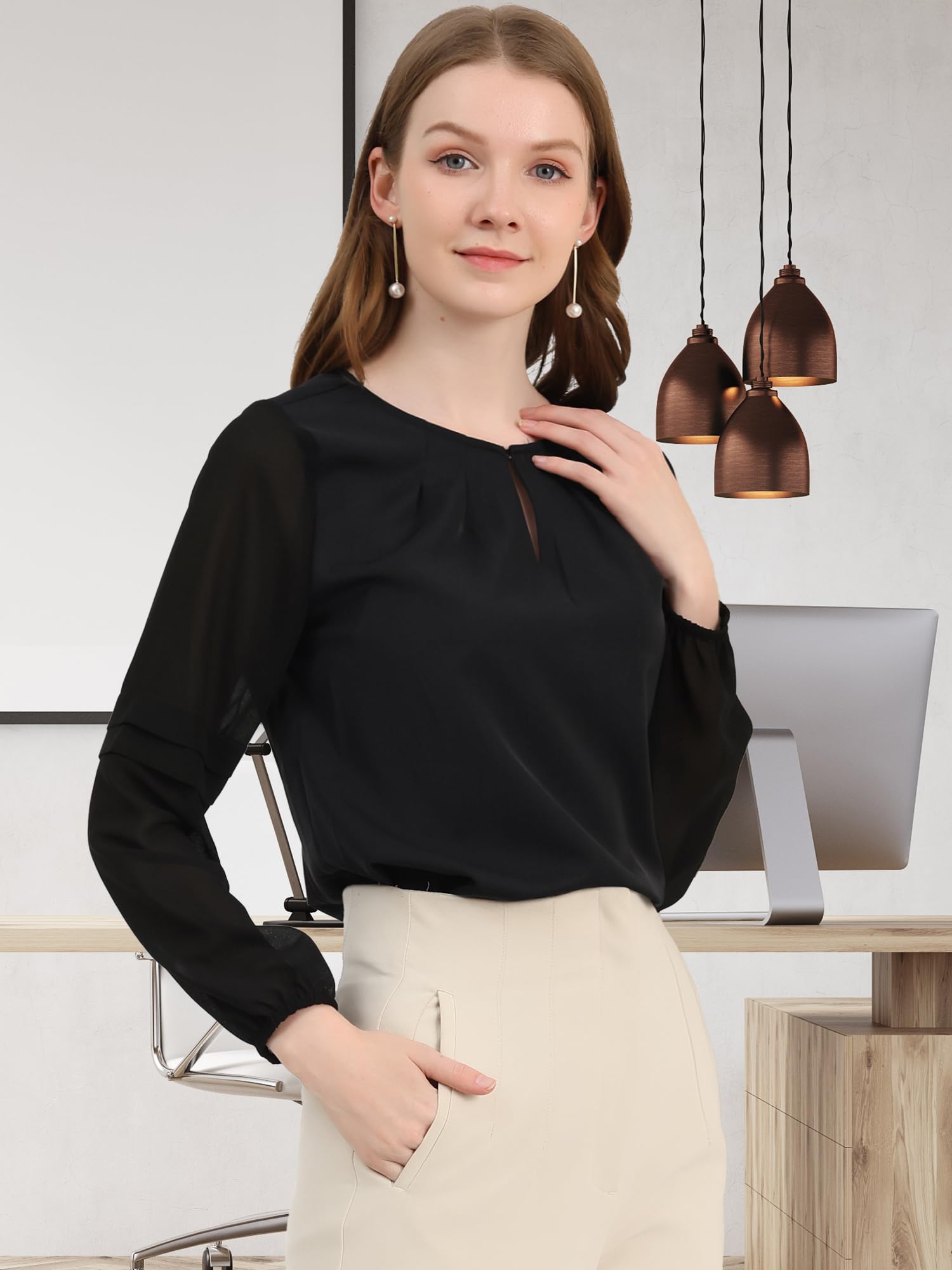Allegra K Women's Elegant Chiffon Blouse - Semi-Sheer Long Sleeve Work Top with Keyhole Neckline | Perfect for Office Wear, Business Meetings & Professional Occasions