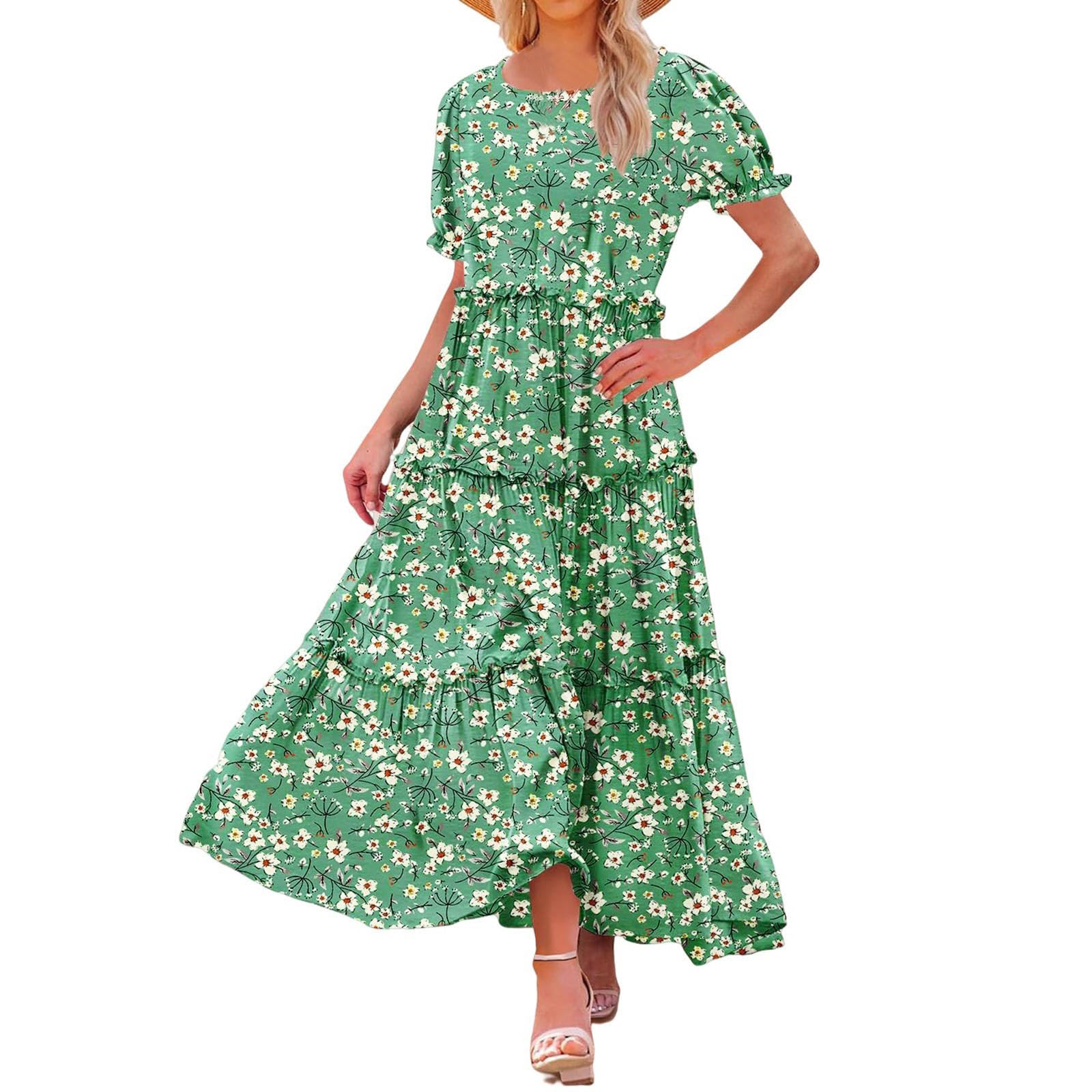 2024 Women's Summer Boho Floral Maxi Dress - Loose Fit Crewneck Ruffled Sun Dress for Vacation & Beach Outings | Perfect for Tropical Getaways and Summer Festivals