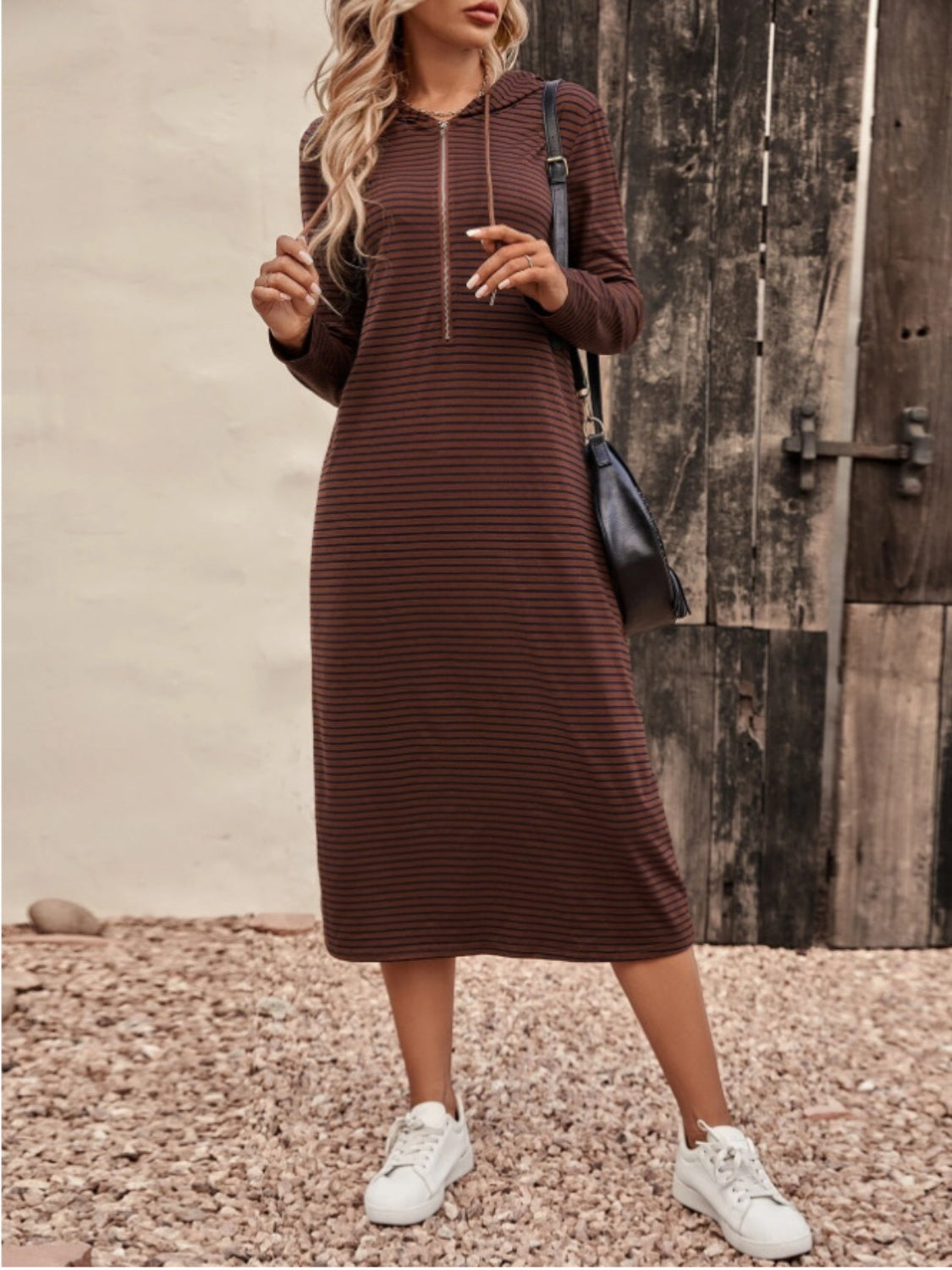 Striped Zip Front Hooded Dress for Women - Casual & Stylish Pullover Hoodie Dress for Everyday Wear, Outings, and Layering