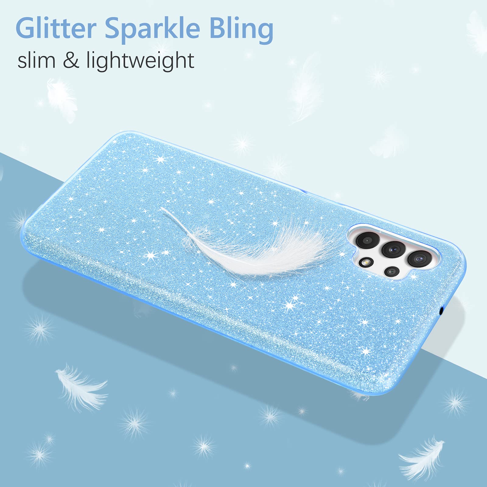 Sparkly Glitter Samsung Galaxy A32 5G Case - Shockproof Protective Hybrid Cover with Finger Ring & Kickstand for Women | Perfect for Daily Use, Work & Travel (Blue)
