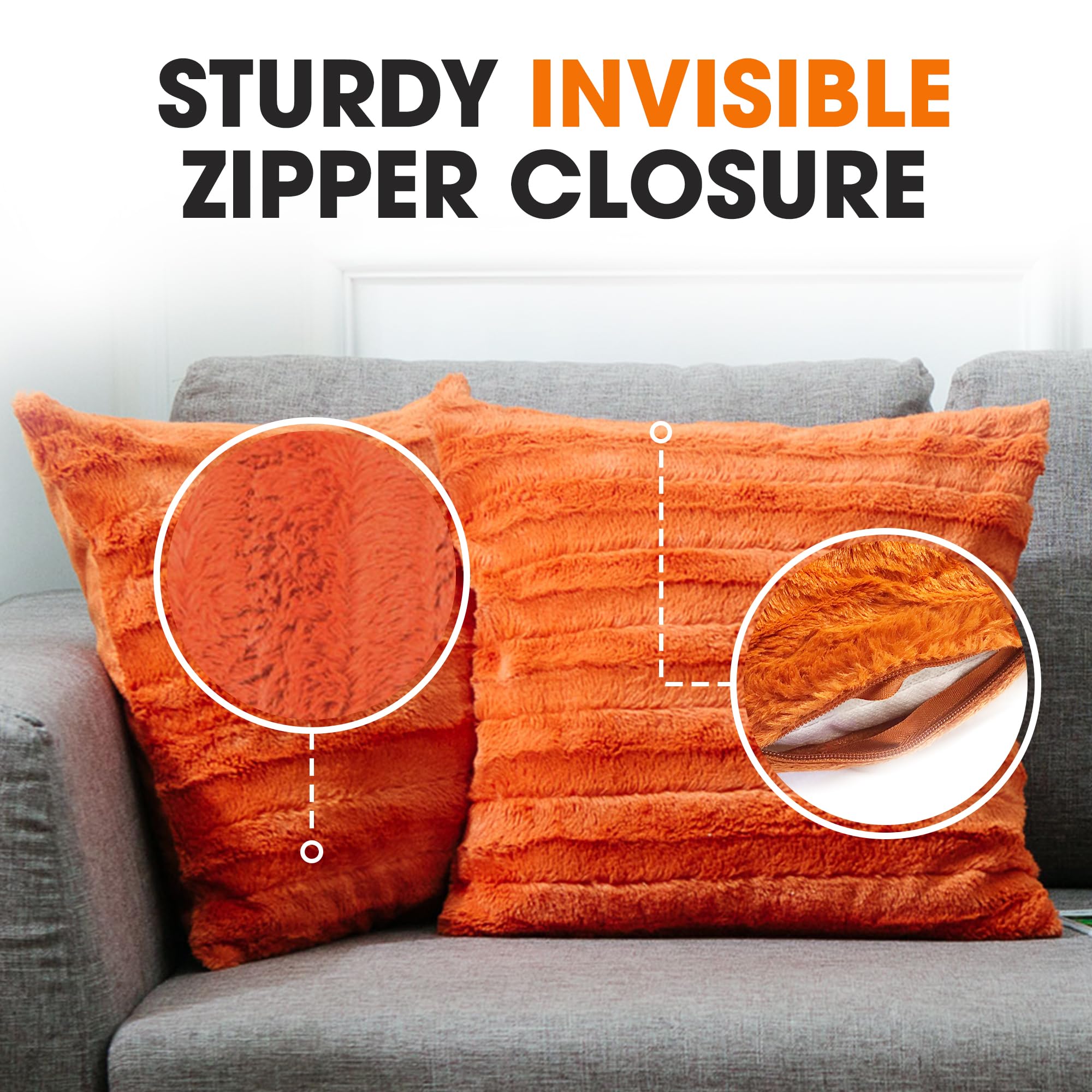 Luxury Faux Fur Throw Pillows Set of 2 - 16x16 Inch Soft Decorative Couch Pillows for Bed, Sofa & Living Room - Rust Accent Pillows for Cozy Home Aesthetic & Winter Decor