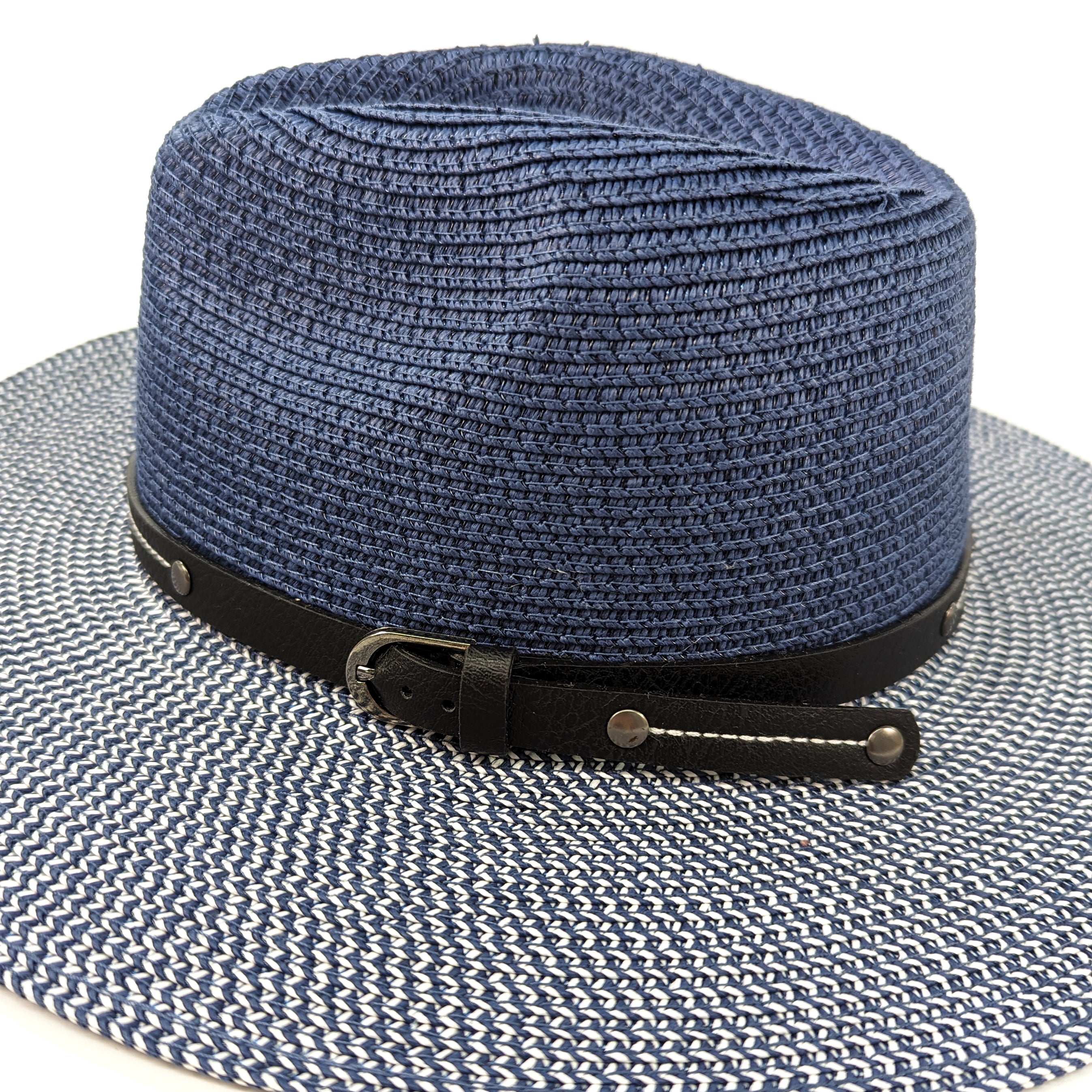 Two Tone Panama Foldable Hat for Men & Women - Mottled/Navy Blue with Adjustable Belt (57cm) - Perfect for Beach, Travel, and Outdoor Activities