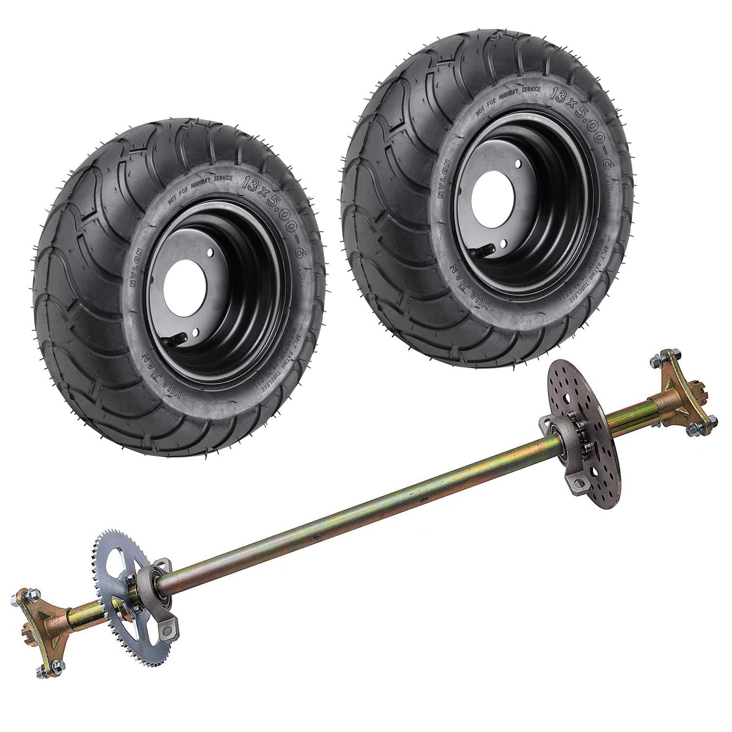 Go Kart Rear Axle Shaft Kit with 13x5.00-6 Wheels Tires Rims & Brake Assembly - Compatible with Off-Road Quad Trike Drift Bikes - Perfect for DIY Kart Building, Racing & Off-Road Adventures