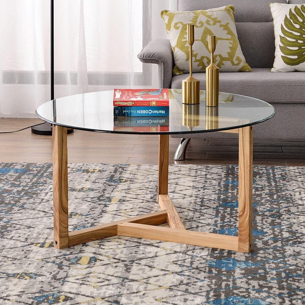 Modern Round Glass Coffee Table with Tempered Glass Top & Sturdy Oak Wood Base - Cocktail Table, Sofa Table for Living Room, Lounge, Office - Perfect for Entertaining Guests or Relaxing with Family