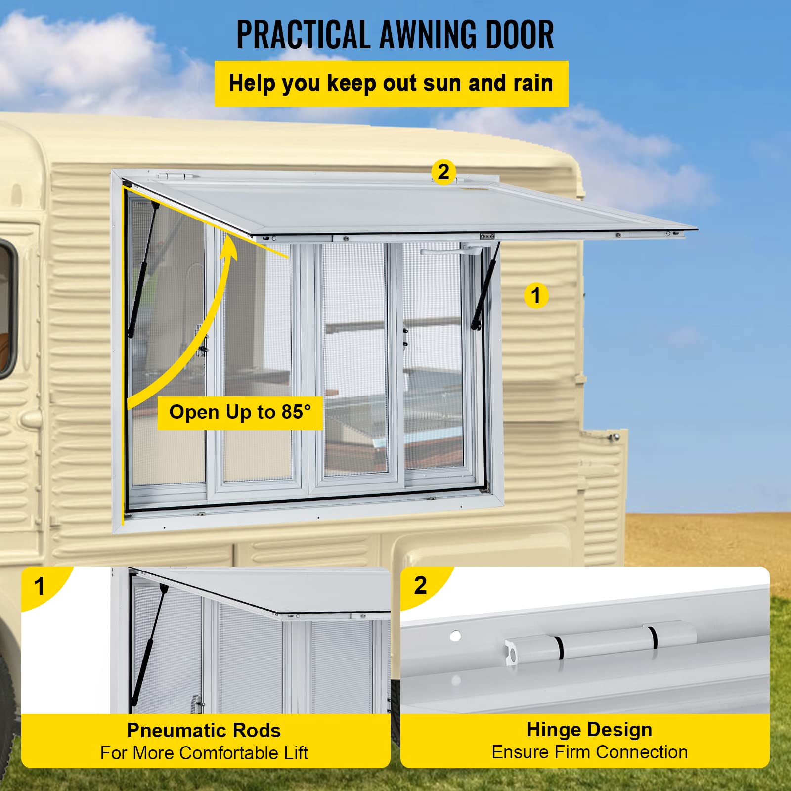 VEVOR 36x36 Inch Aluminum Alloy Food Truck Service Window with 4 Sliding Screens, Awning Door & Drag Hook - Commercial Grade Concession Window for Food Trucks, Trailers, Mobile Kitchens, and Outdoor Vending Businesses - Perfect for Street Vendors, Festivals, and Quick-Service Restaurants