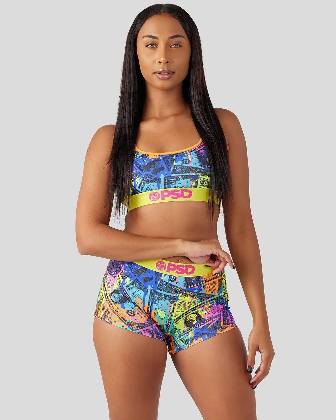 PSD Women's Money Print Sports Bra - Breathable Racerback Workout Top with Moisture-Wicking Microfiber Fabric for Running, Yoga & Gym