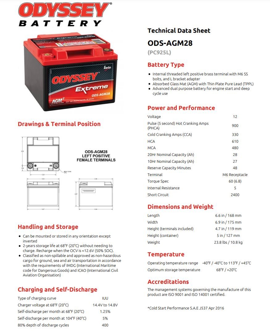 Odyssey ODS-AGM28 PC925L 12V 28Ah AGM Battery (Positive Terminal Left) - Perfect for Marine, RV, Solar, and Power Sports Applications