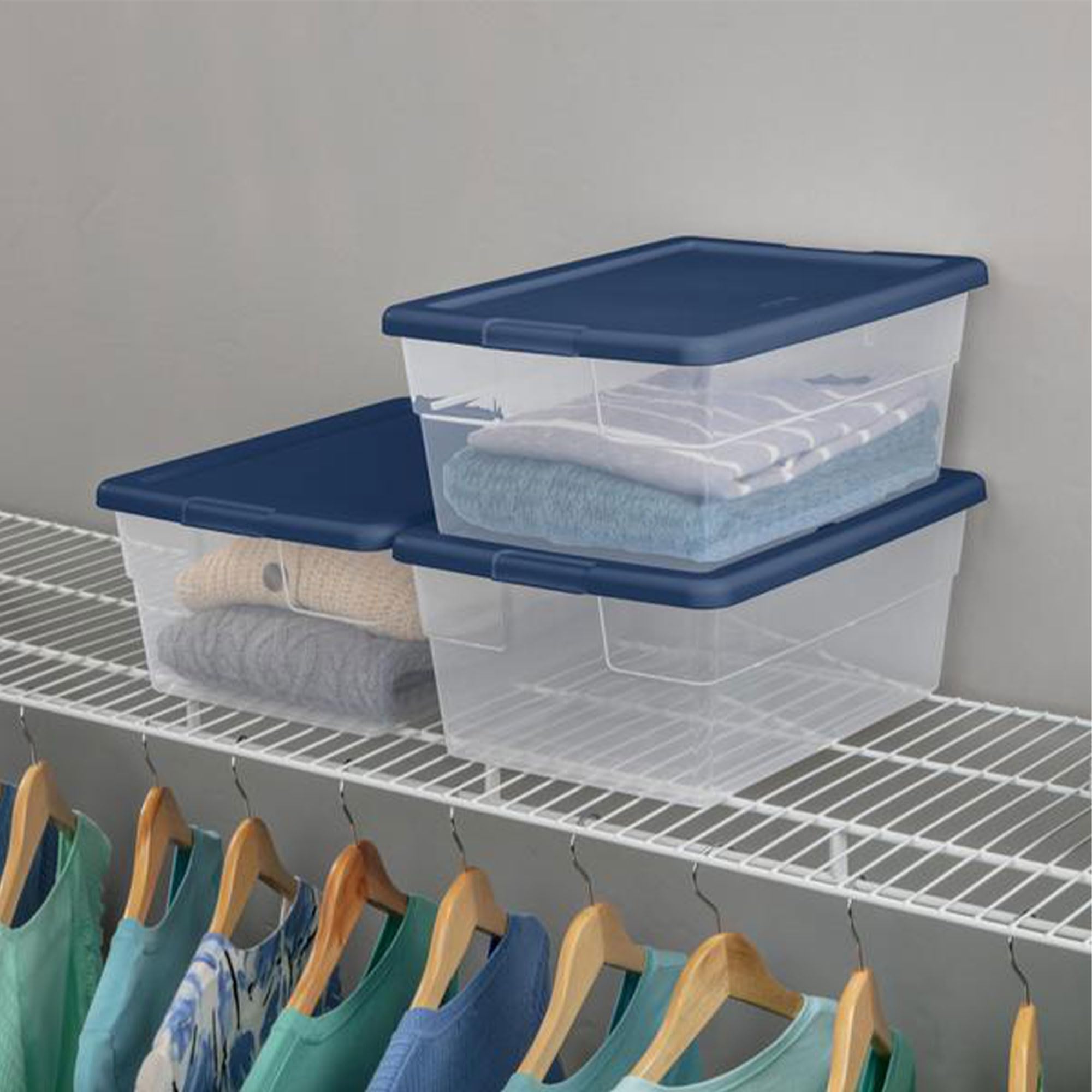 Sterilite 16 Quart Clear Stackable Storage Bins with Handles & Blue Lids - 48 Pack for Home Organization, Closet, Garage, and Office Storage Solutions