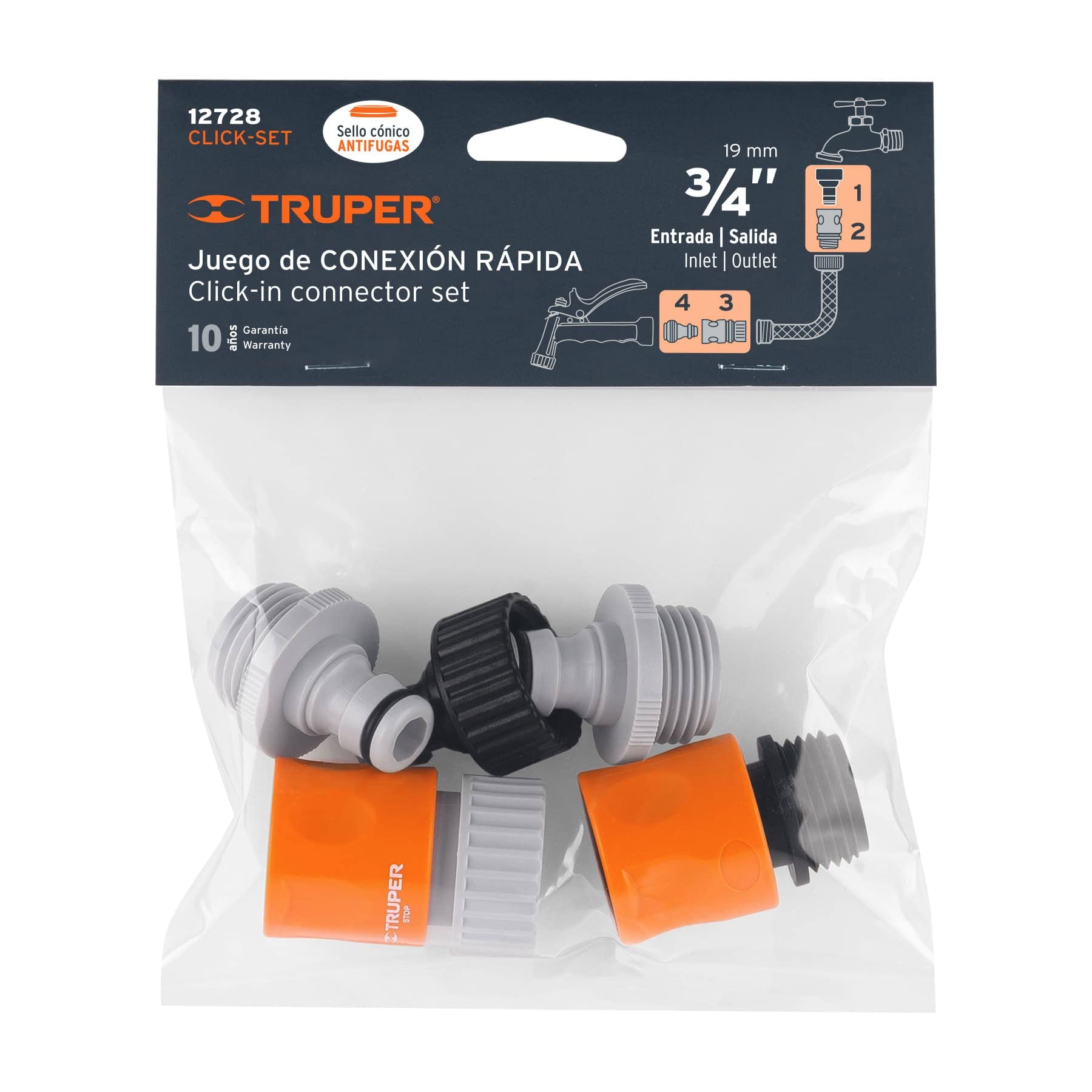 Truper Hose Click Connector Set - 10-Piece Garden Hose Fittings Kit with Quick Connect Couplings for Watering, Sprinklers & Outdoor Use
