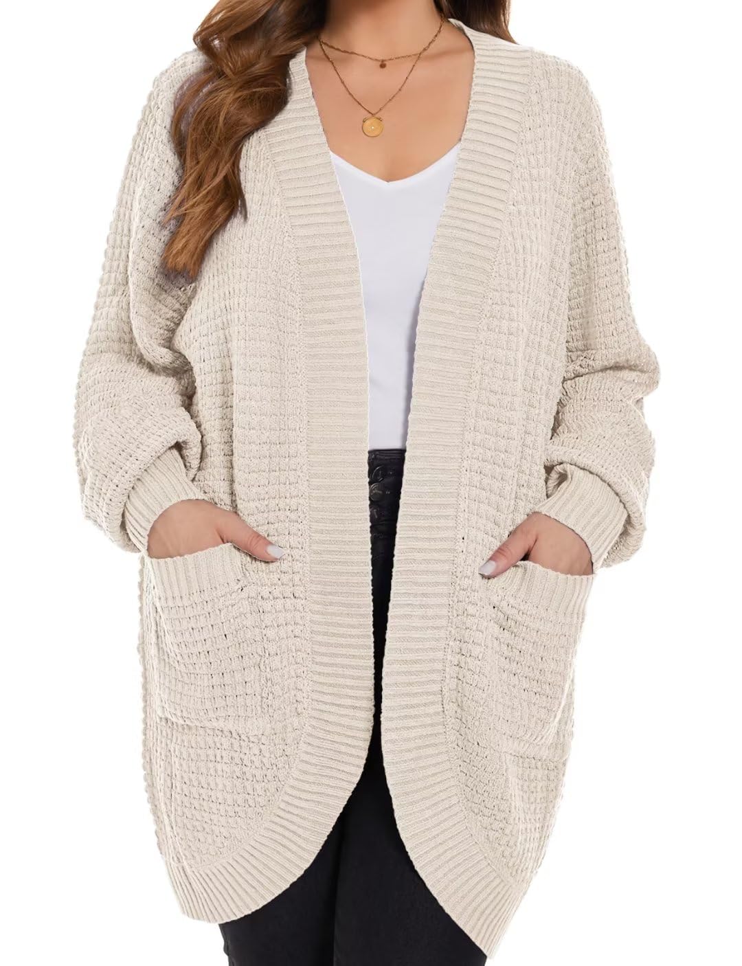 MONNURO Women's Plus Size Open Front Cardigan - Waffle Knit Long Sleeve Sweater Top with Pockets | 2024 Fall Fashion Outerwear | Cozy Lounge Wear & Office Cardigan