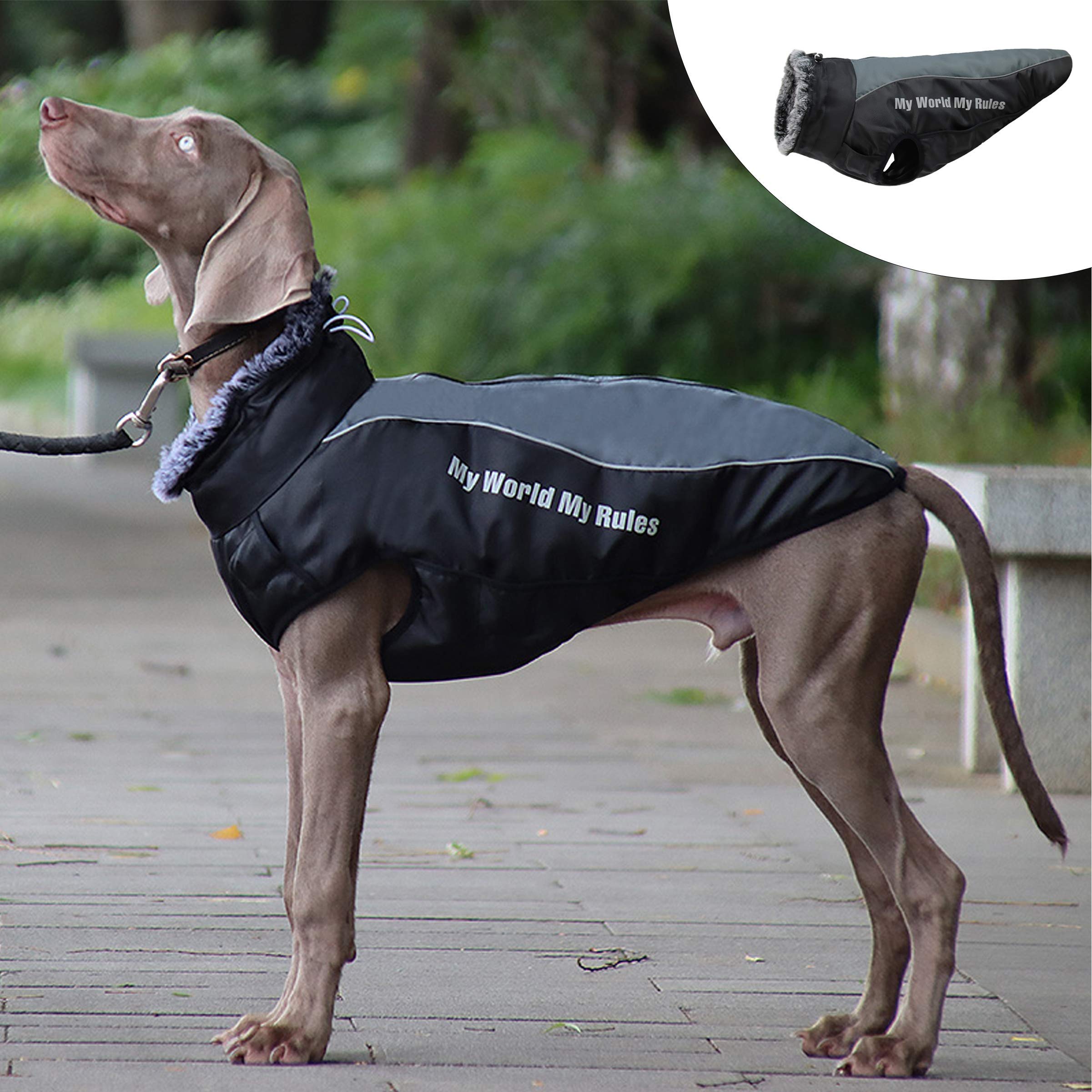 Waterproof Winter Coat for Dogs - Cold Weather Jacket with Harness, Furry Collar & Reflective Vest (Grey, Chest 27.5