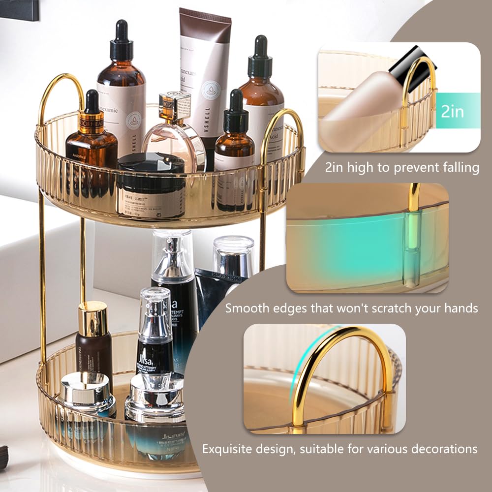2-Tier Rotating Makeup Organizer - Spinning Cosmetic Storage for Vanity & Bathroom Countertop - Skincare Holder for Facial Cream, Perfume, Lotion, Lipstick (Amber) - Perfect for Beauty Routine & Clutter-Free Organization
