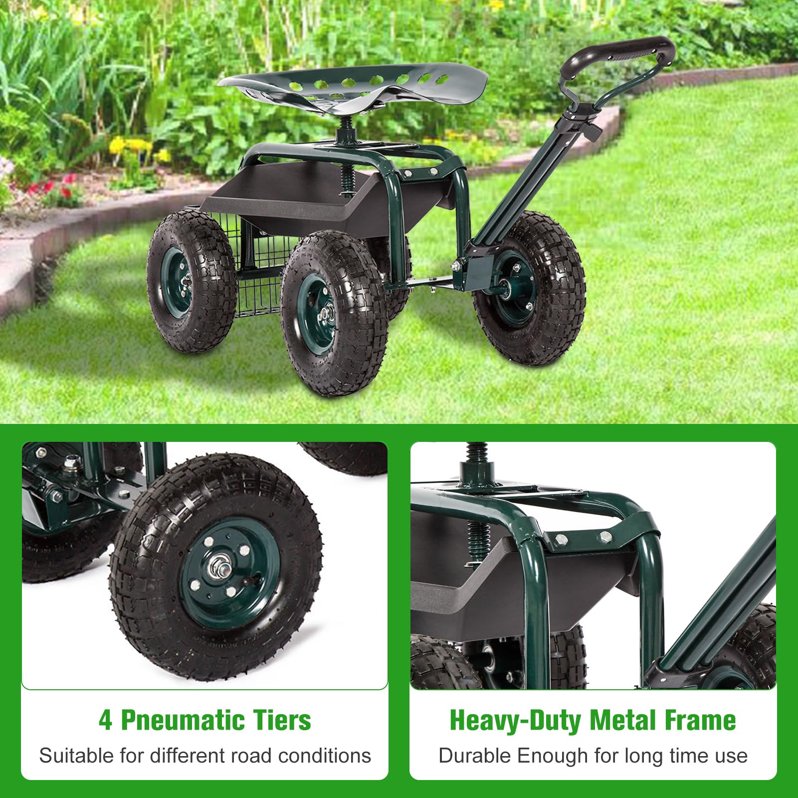 Kinbor Rolling Garden Scooter Cart with 360° Swivel Seat, Wheels & Tool Tray - Green Outdoor Gardening Stool for Planting, Weeding & Yard Work