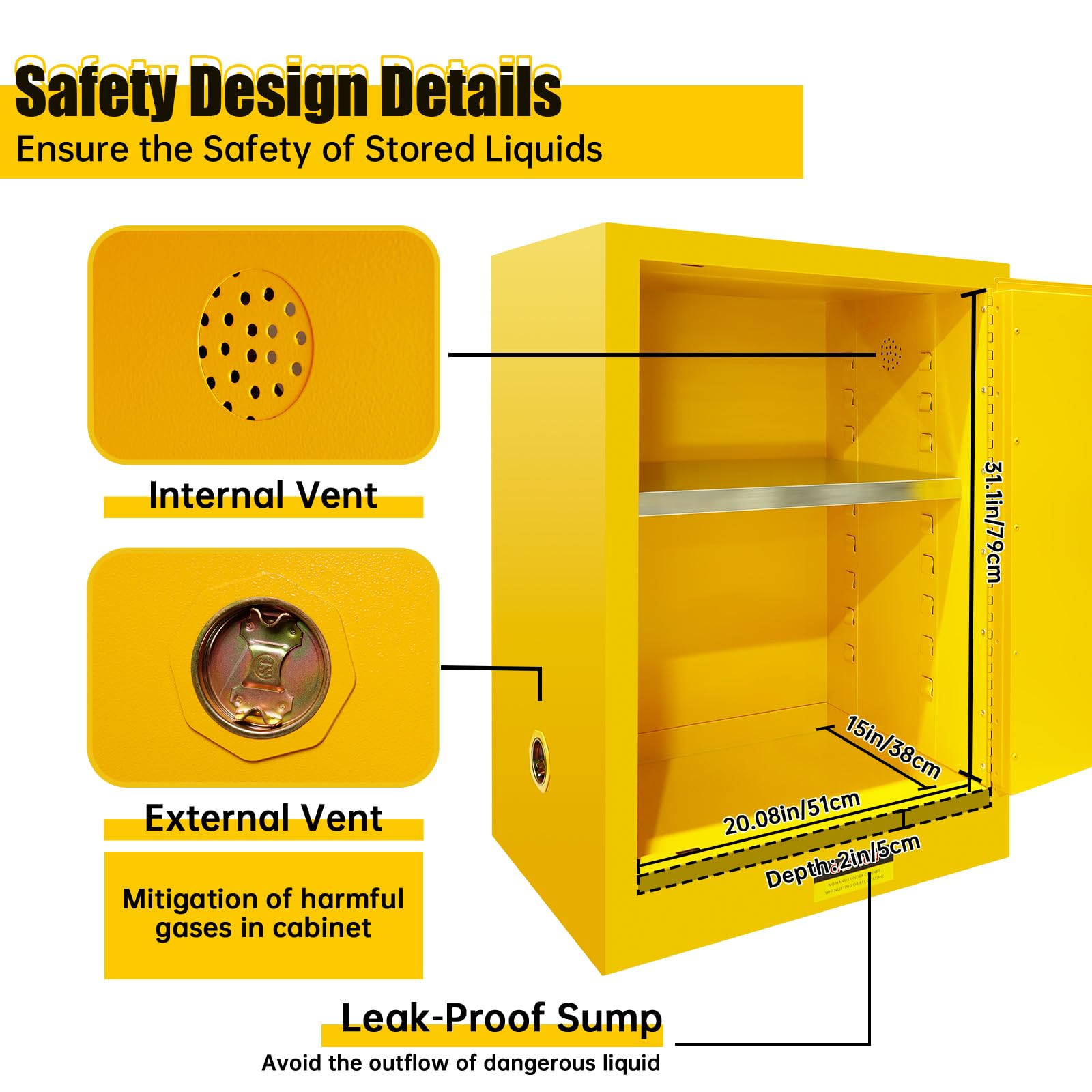 Flammable Safety Cabinet - 23.23x18.11x35.5 Inch Yellow Galvanized Steel Storage Cabinet with Adjustable Shelves for Chemicals, Paint & Hazardous Materials | Garage, Workshop & Laboratory Use