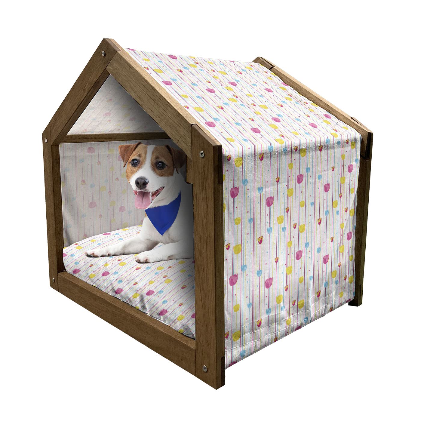 Ambesonne Wooden Pet House for Small Dogs - Yellow & Blue Vertical Stripes with Floral Tulip Design, Indoor & Outdoor Portable Dog Kennel with Removable Pillow & Cover - Perfect for Home, Garden, Patio or Travel Use