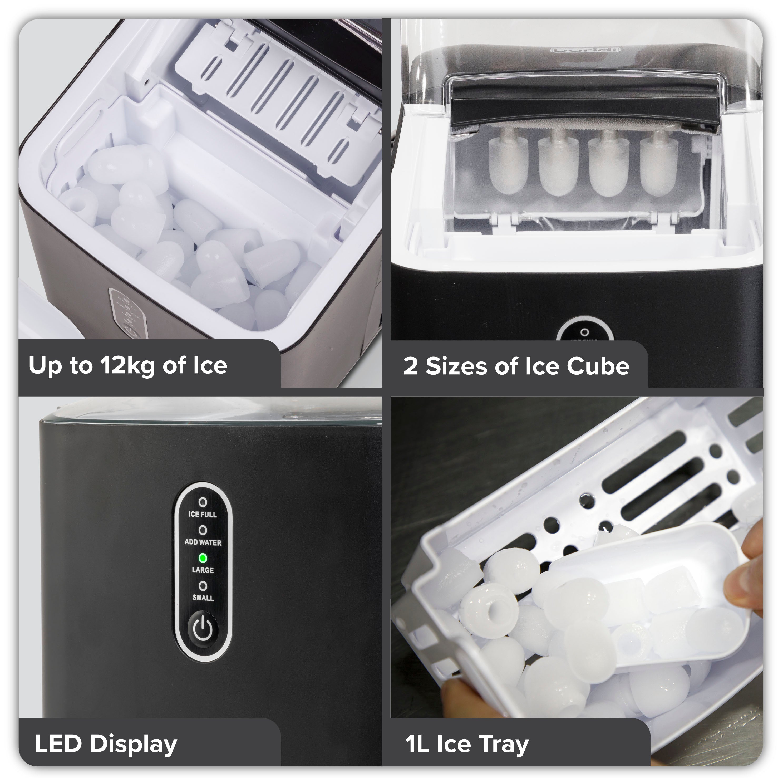 Baridi 12kg/24hr Electric Ice Cube Maker with LED Display - Fast 10 Minute Freeze for Home, Office, and Commercial Use - Perfect for Cocktails, Beverages, and Parties
