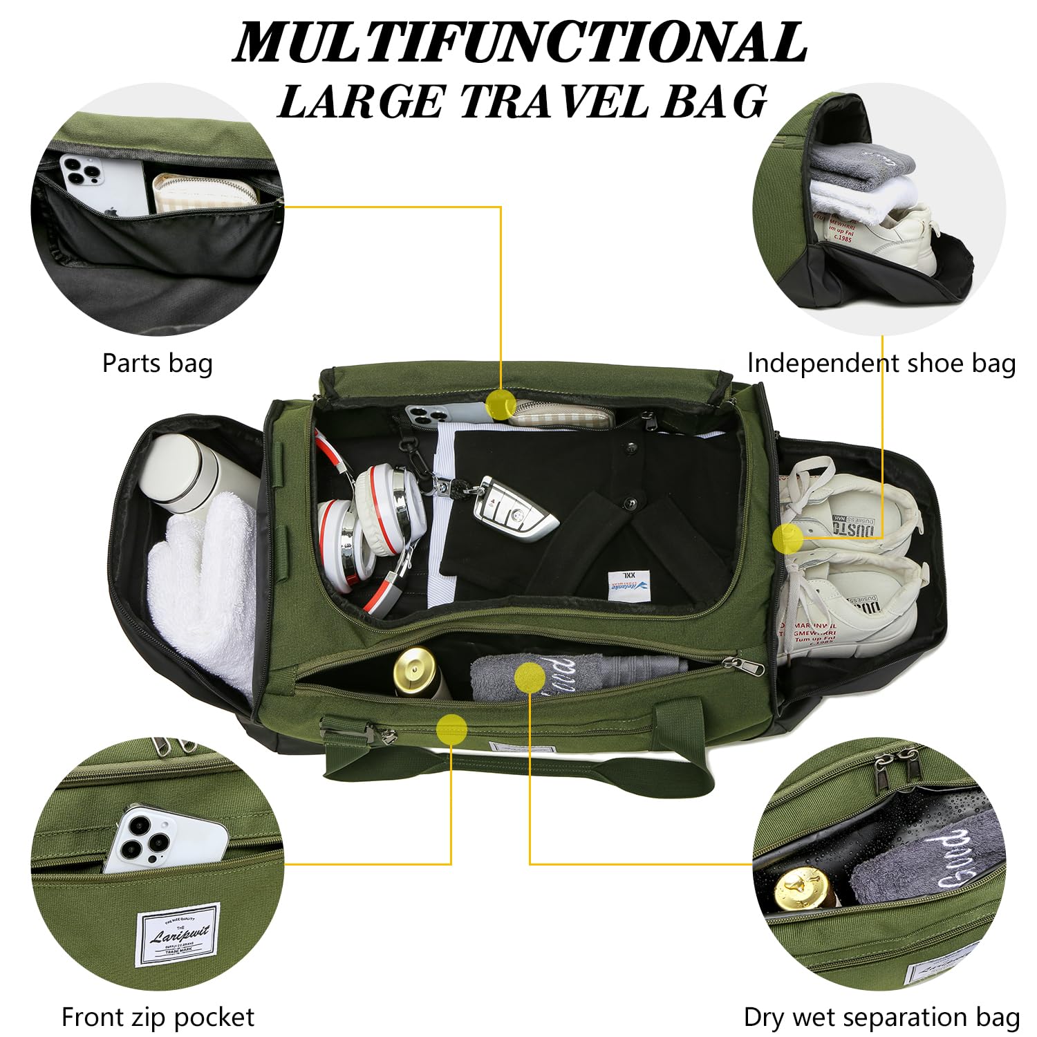 Laripwit 40L Lightweight Gym Bag for Men & Women - Durable Sports Travel Duffel Backpack with Shoe Compartment & Wet Pocket - Perfect for Gym, Workout, Travel & Overnight Trips - Green