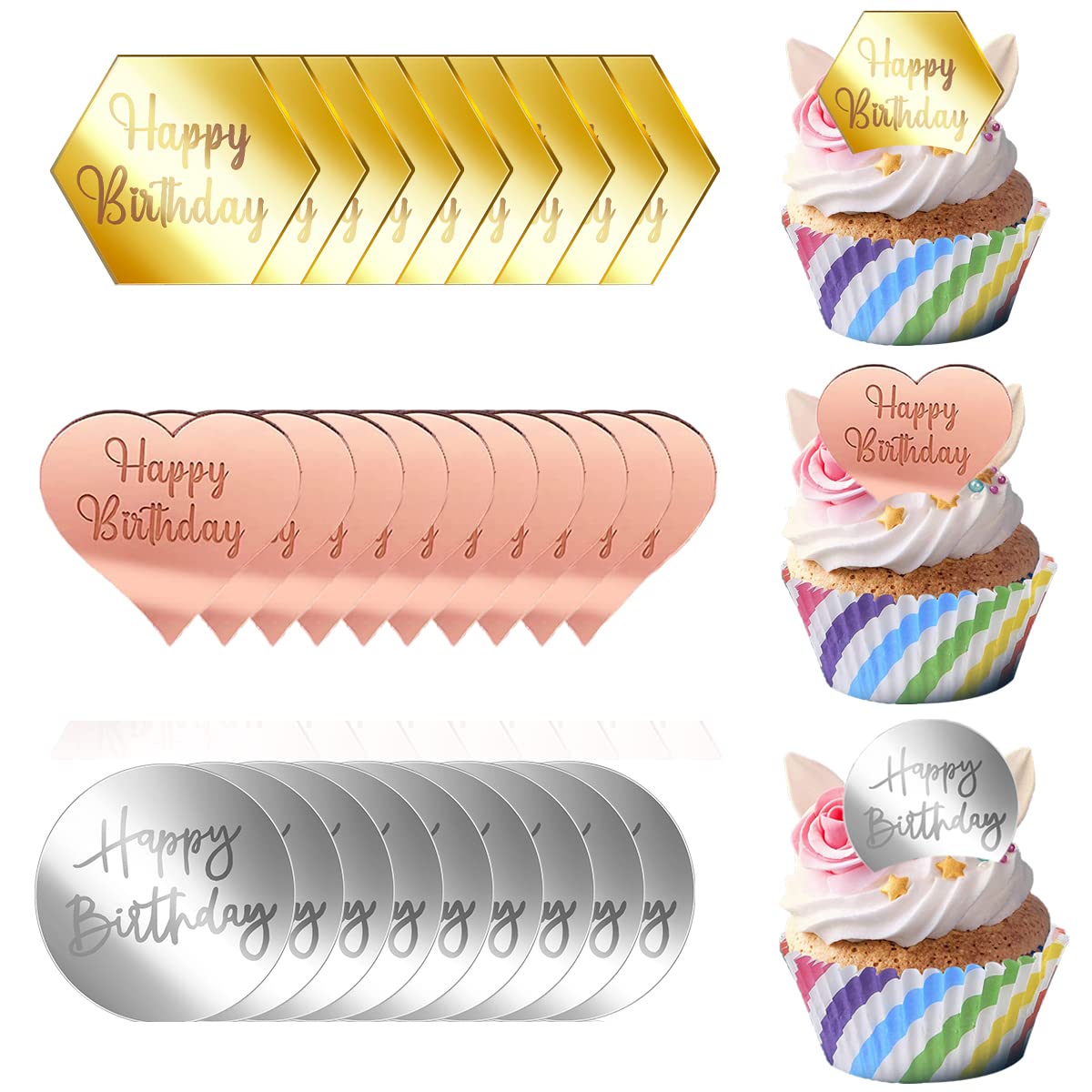 30 PCS Happy Birthday Cake Toppers - Mini Acrylic Cupcake Decorations, Mirror Heart Round Hexagon Engraved Charms for DIY Cake Decorating | Perfect for Birthday Parties, Baby Showers & Wedding Celebrations