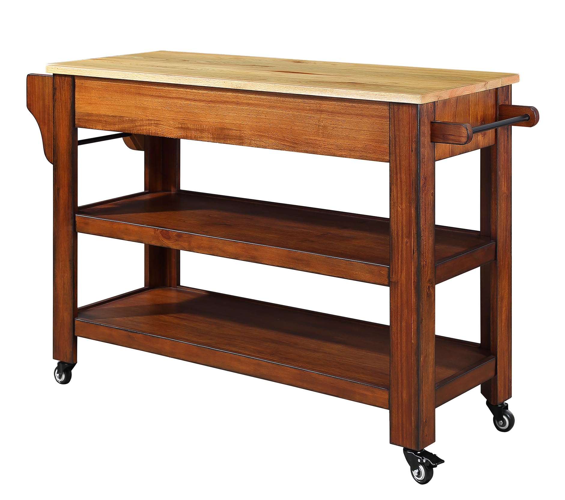 57 Inch Solid Oak Wood Kitchen Island Cart with 2 Drawers & Storage Shelves - Rolling Kitchen Cart with Wine Rack & Spice Organizer - Perfect for Small Kitchens, Dining Rooms & Home Bars (Walnut Finish)