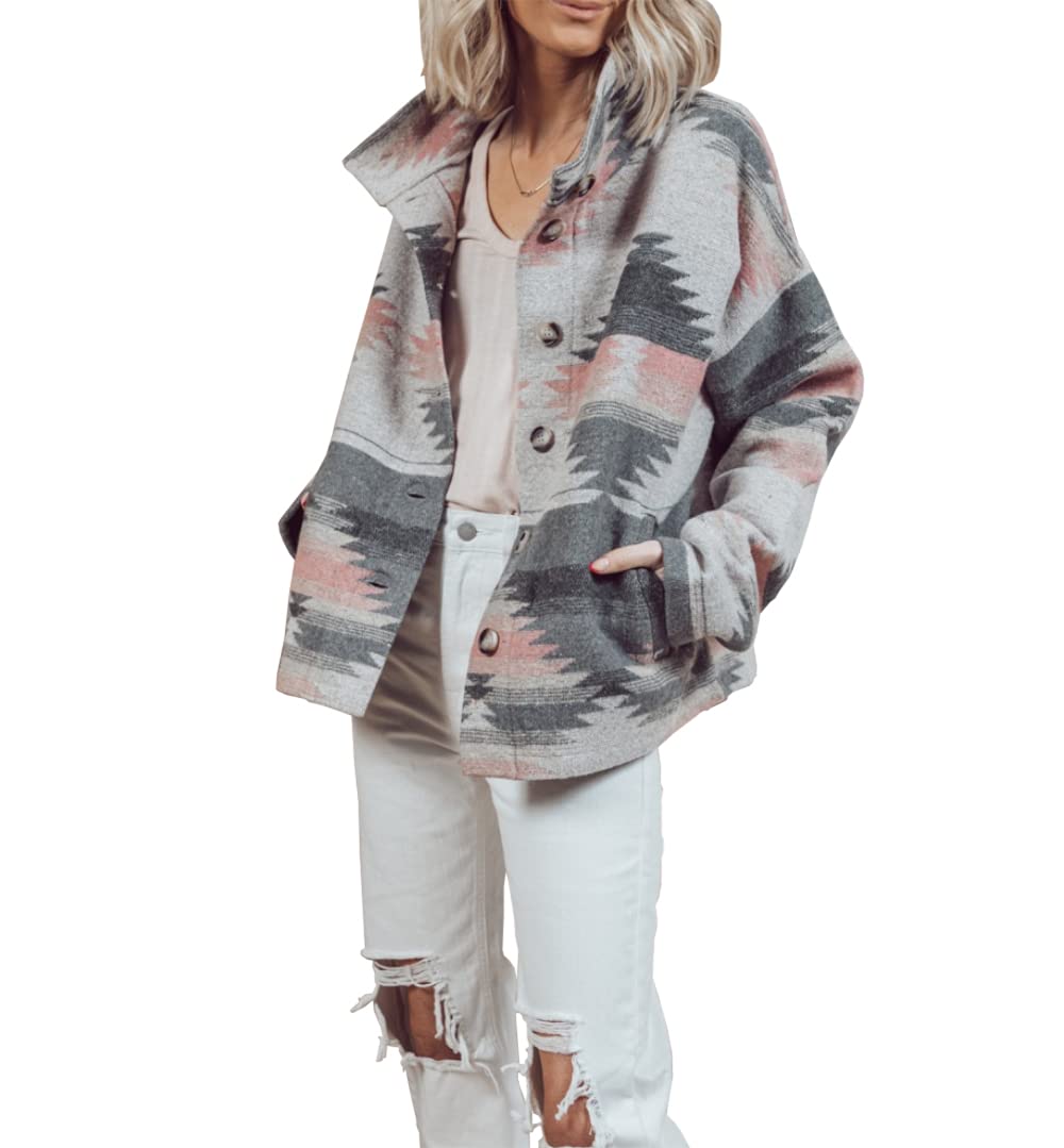 Women's Aztec Print Shacket Jacket - Loose Fit Vintage Boho Wool Blend Coat with Button Down Front - Casual Outerwear for Fall & Winter Layering