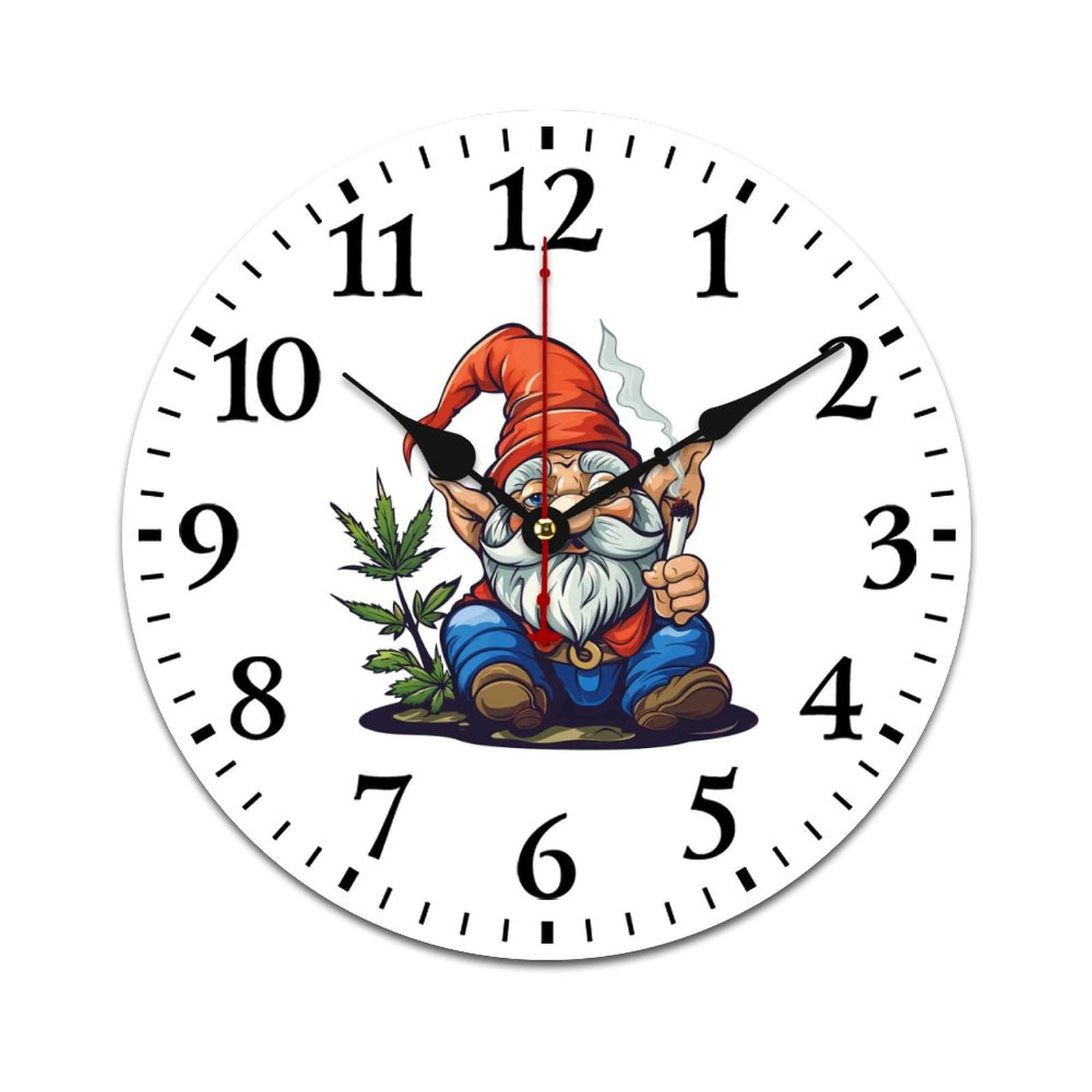 Funny Weed Gnome Wall Clock - Wooden Silent Non-Ticking Round Clock (40x40cm) Battery Operated for Kitchen, Living Room, Office & Garden Decor
