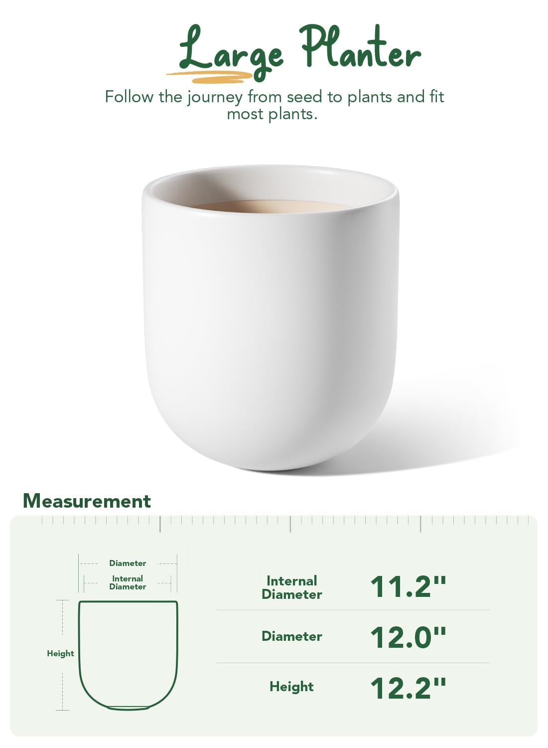 LE TAUCI 12 Inch Ceramic Plant Pots with Drainage Hole - Large Indoor Planters for Home, Garden, Office & Patio - White Flower Pots with Rubber Plug for Succulents, Herbs & Houseplants - Perfect for Living Room Decor, Balcony Gardening & Workspace Greenery