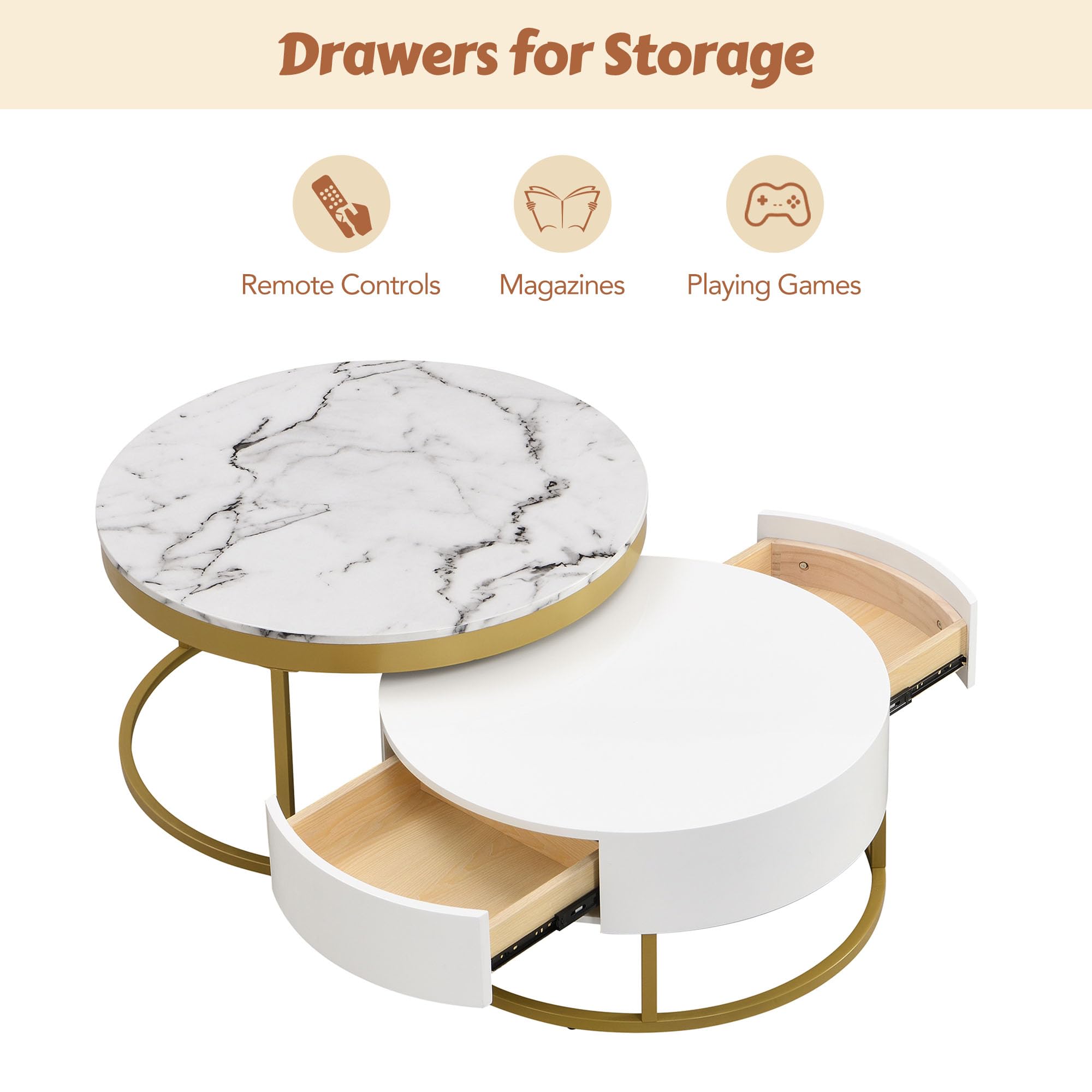 Modern White Round Nesting Coffee Table with Drawers - Stylish Circle Living Room Furniture for Small Spaces | Perfect for Apartments, Lounge Areas & Home Decor