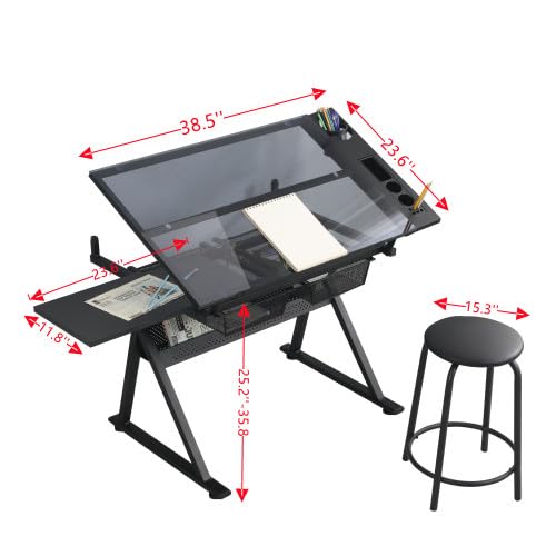 Adjustable Drafting Table with Tilting Glass Top & Stool - Multifunctional Art Craft Drawing Desk, Study Metal Workstation with Storage - Perfect for Home Office, Studio & Creative Workspaces (White)