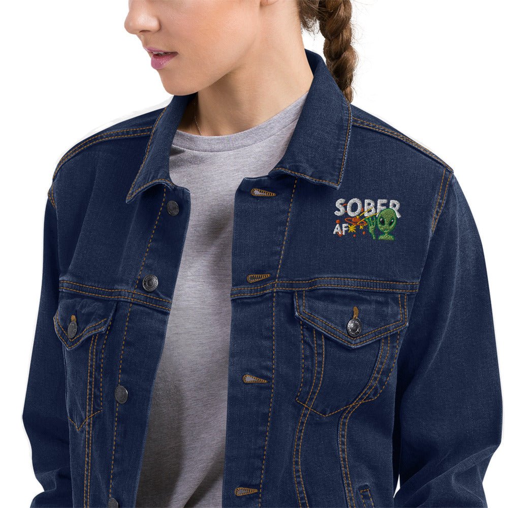 Galactic Sobriety Embroidered Denim Jacket for Men & Women - Vintage Distressed Denim Trucker Jacket with Unique Star Embroidery - Perfect for Casual Outfits, Music Festivals and Streetwear Fashion