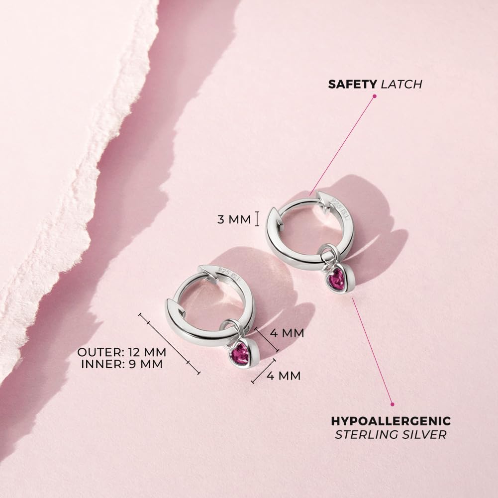 925 Sterling Silver Petite Simulated Birthstone Heart Charm Hoop Earrings for Girls 12mm - Cubic Zirconia Stud Earrings - Dainty Birthstone Jewelry for Teens & Young Women | Perfect for Birthdays, Gifts & Everyday Wear