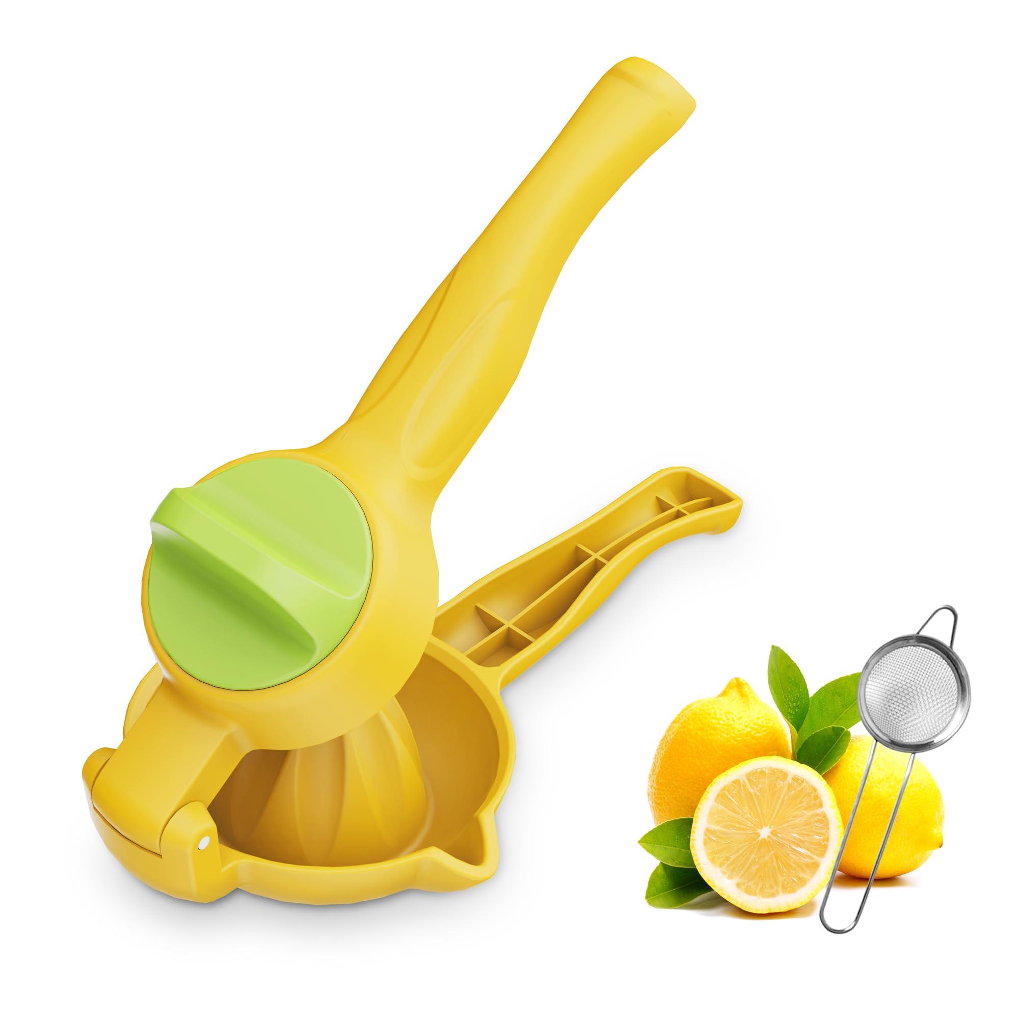 Premium Manual Lemon Squeezer - Heavy Duty Citrus Juicer with Rotating Hinge Blade & Leak-Proof Spoon for Maximum Juice Extraction - Yellow Kitchen Gadget for Cocktails, Lemonade & Cooking