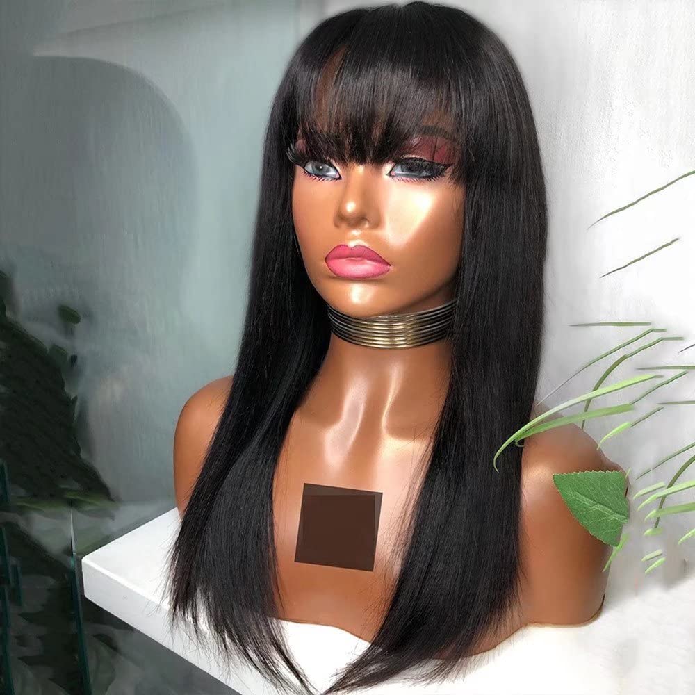 Long Straight Human Hair Lace Front Wigs With Bangs - 20Inch HD Transparent Brazilian Remy Hair Wigs 150% Density, Glueless & Silky Smooth for Women (Natural Black) - Perfect for Daily Wear, Cosplay, Parties & Special Occasions
