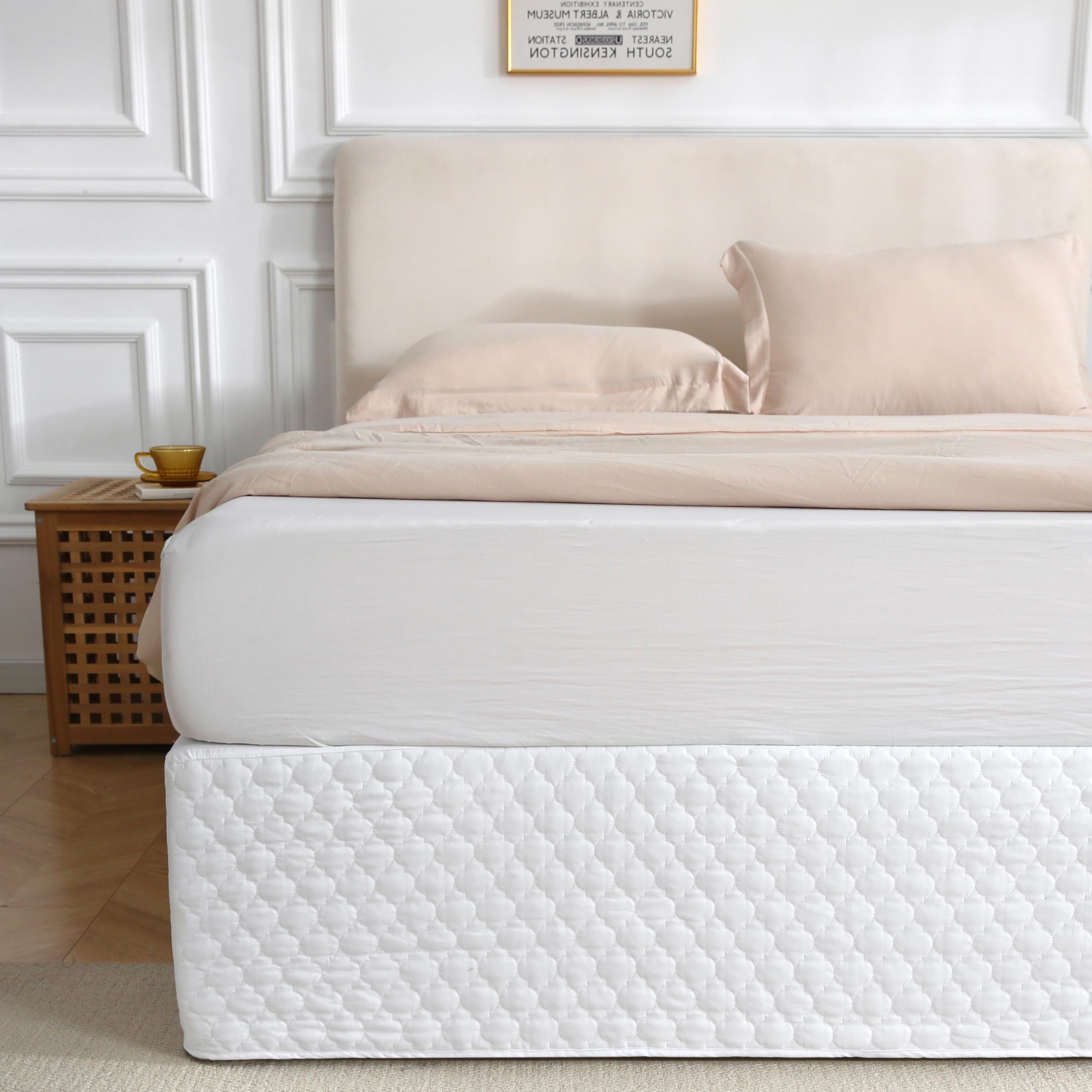Queen Size White Bed Skirt - 14-Inch Drop Wrinkle-Free Box Spring Cover with Wrap-Around Design | Fade-Resistant & Easy Fit (White Lantern Flower) for Bedroom Decor, Guest Room & Master Bedroom Styling