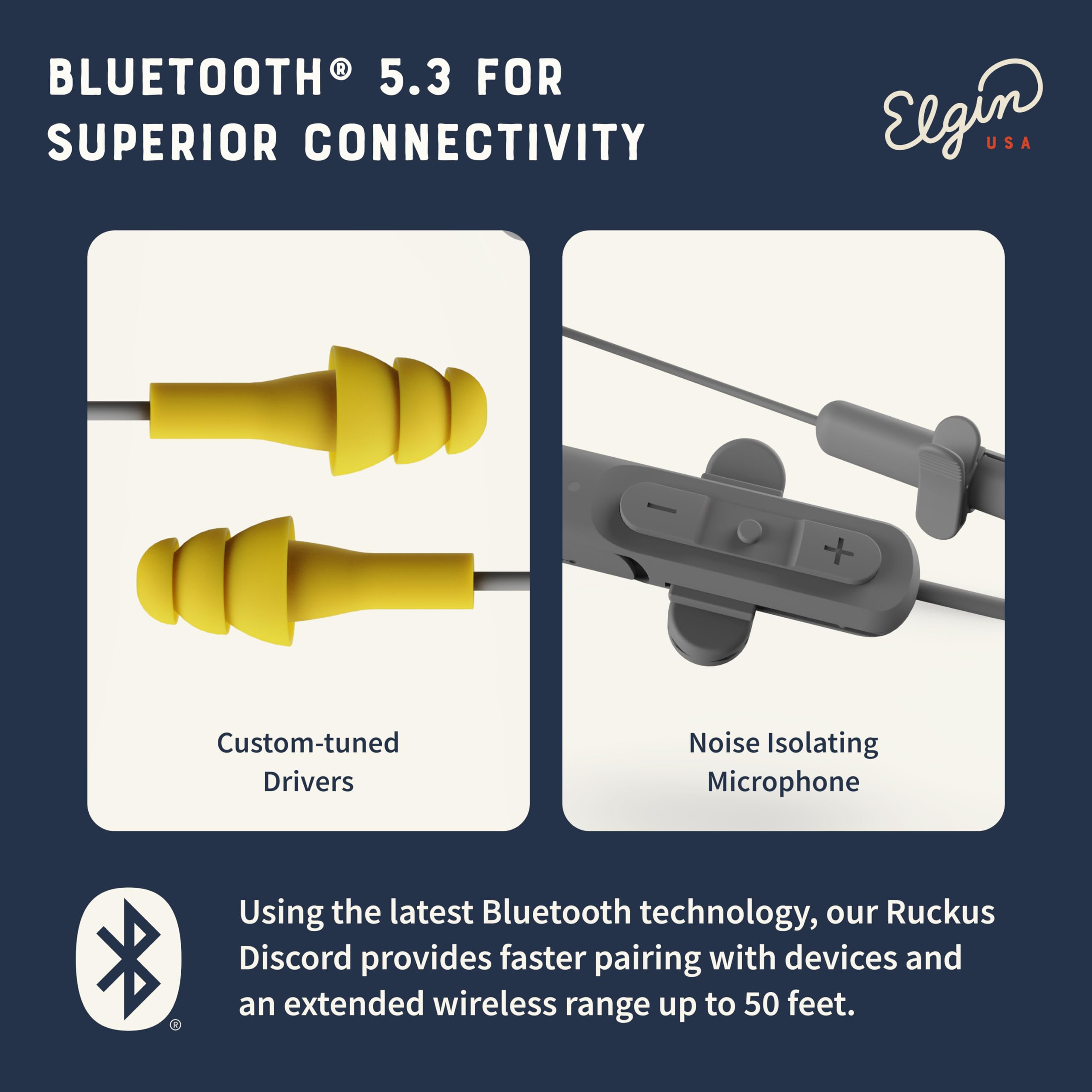 Elgin Ruckus Wireless Bluetooth Earplug Headphones - 25dB NRR Noise Canceling Earbuds with Mic, 12H Battery Life, IP65 Sweatproof & OSHA Hearing Safety Compliant - Perfect for Construction, Gym, and Outdoor Activities