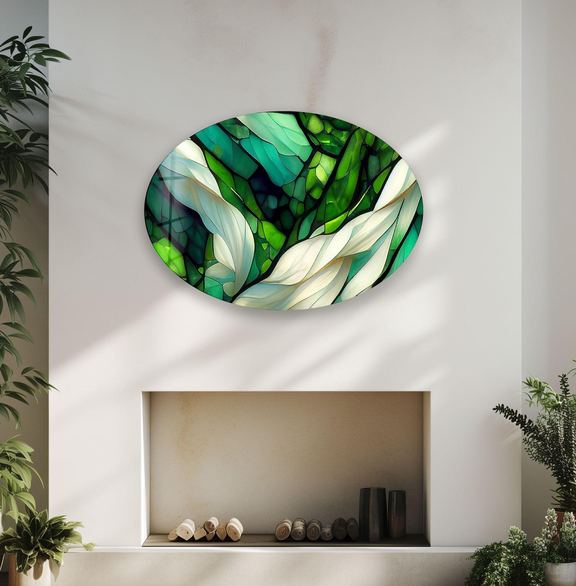 Handmade Asymmetric Oval Stained Green Fractal Glass Wall Art - Modern Abstract Home Decor for Living Room, Bedroom & Office