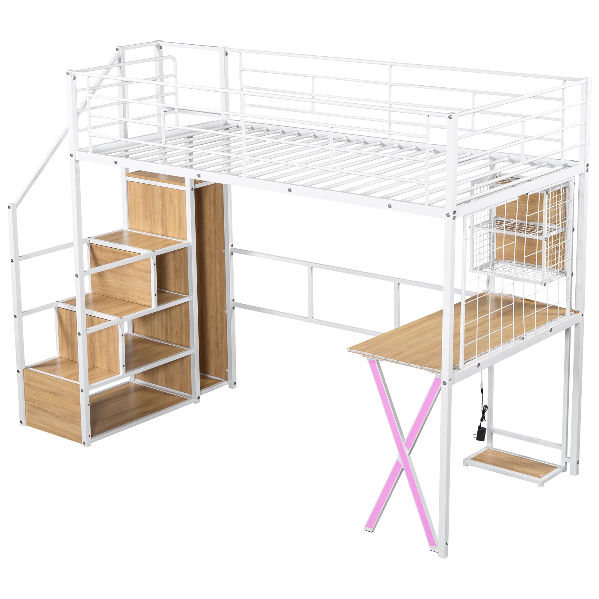 LZ LEISURE ZONE Twin Size Metal Loft Bed with Built-in Desk, Wardrobe, Storage Stairs & LED Lights - White | Space-Saving Bedroom Furniture for Teens, College Dorms & Small Apartments