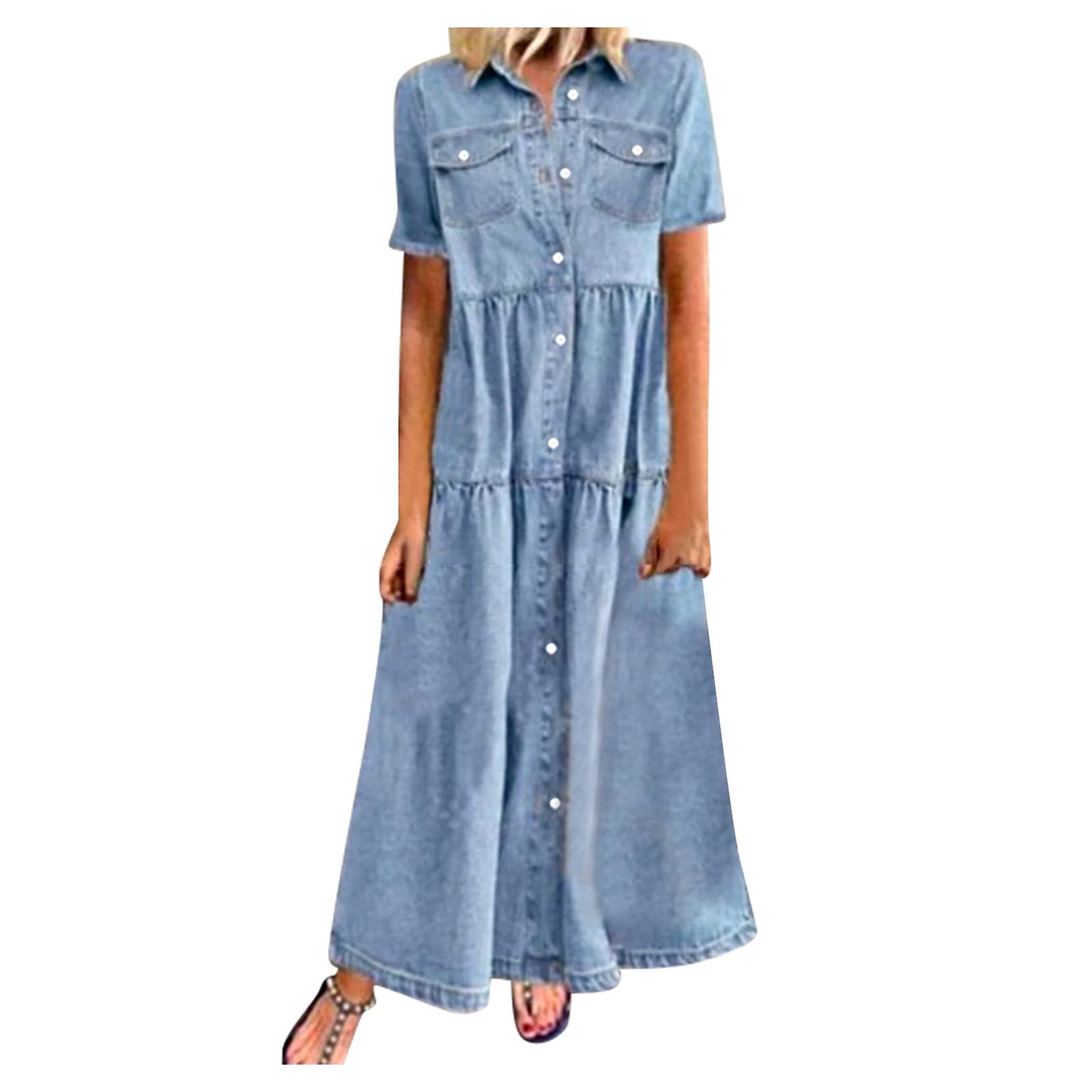 Stylish Women's Denim Maxi Skirt with Multiple Buttons & Pockets - Casual Summer Beach Dress for Parties, Vacations & Outdoor Activities (Size S-1957)